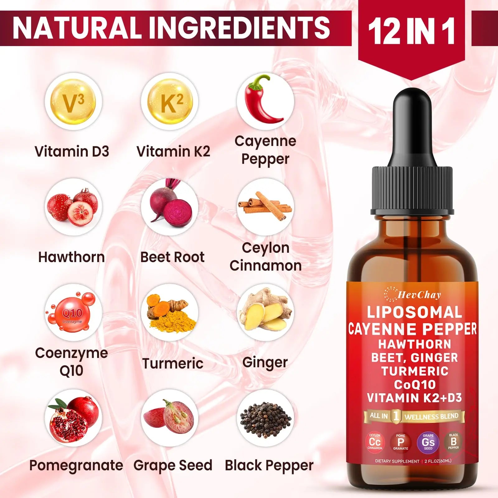 Cayenne Pepper Drops Liposomal Supplement Liquid + Hawthorn Berry, Vitamin D3 K2 Beet Root Powder, Ceylon Cinnamon, CoQ10, Turmeric Curcumin, Cayenne Pepper Extract - 2oz HevChaynz supplements