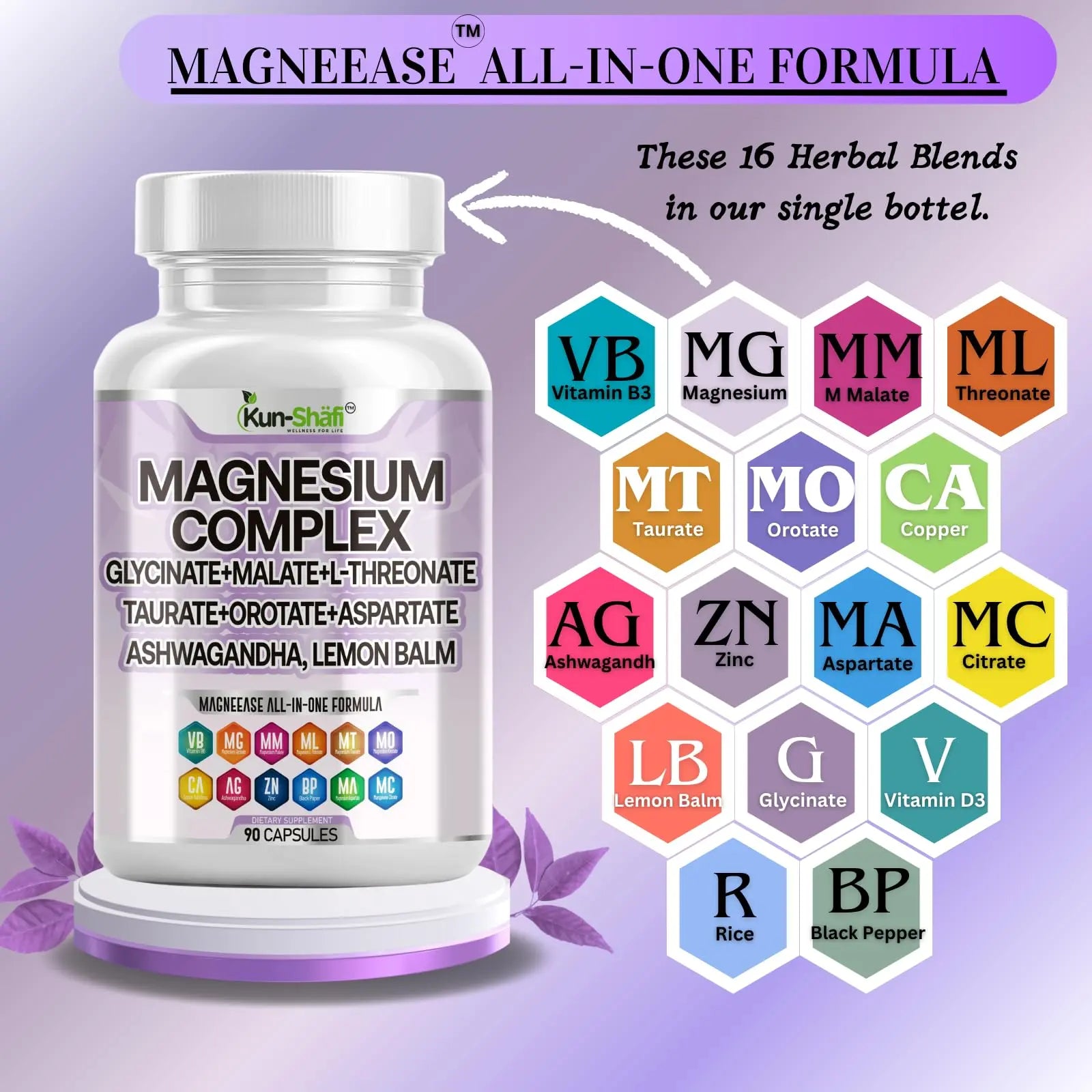 Kun Shafi Magnesium Complex with Magnesium Glycinate Malate, L-Threonate, Taurate, Orotate, Zinc,Aspartate, Copper Manganese & Vitamin D3 B6 Complex - 1Pack Kun Shafinz supplements
