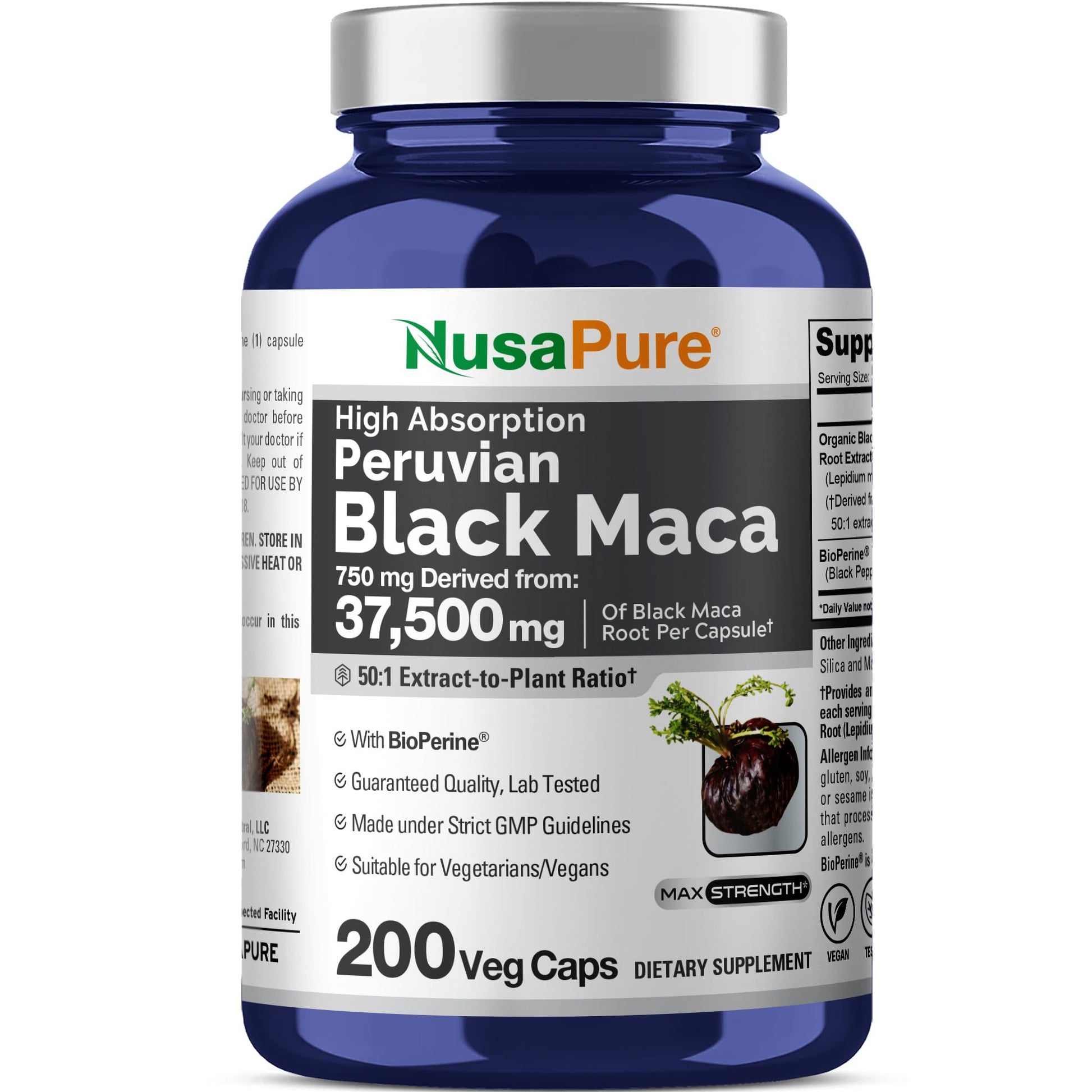 NusaPure Peruvian Black Maca Root Extract 50:1 - Suitable for Vegetarian/Vegan, Non - GMO - 37500 mg - 200 Capsules NusaPureAu supplements