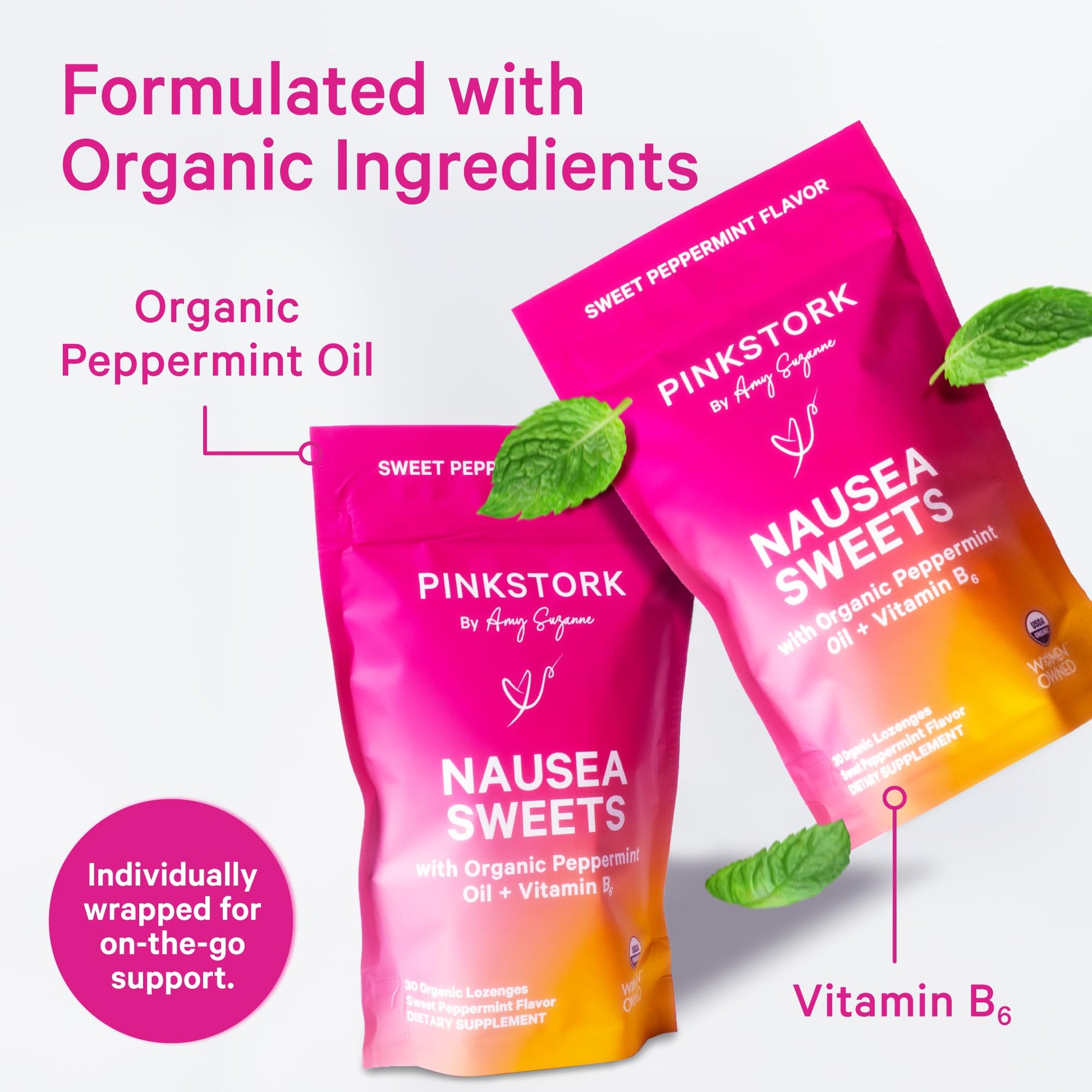 Pink Stork Mood and Stomach Relief Bundle - Magnesium Glycinate and Organic Peppermint Sweets for Morning Sickness and Motion Sickness, Mood Support Pink StorkAu supplements