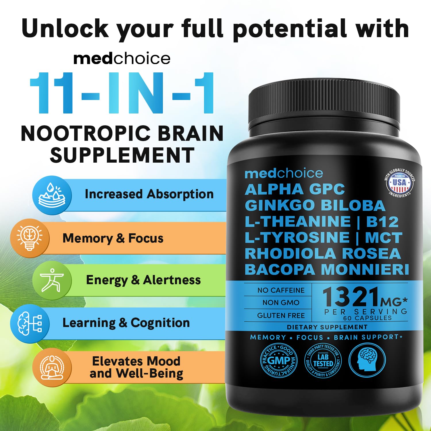 12-in-1 Nootropic Brain Supplement Anhydrous: Ginkgo Biloba for Brain Support, Memory and Focus - B12, Alpha GPC, L Theanine and Choline Supplements with Bioperine non Caffeinated 1321mg (120ct) MEDCHOICEAu supplements