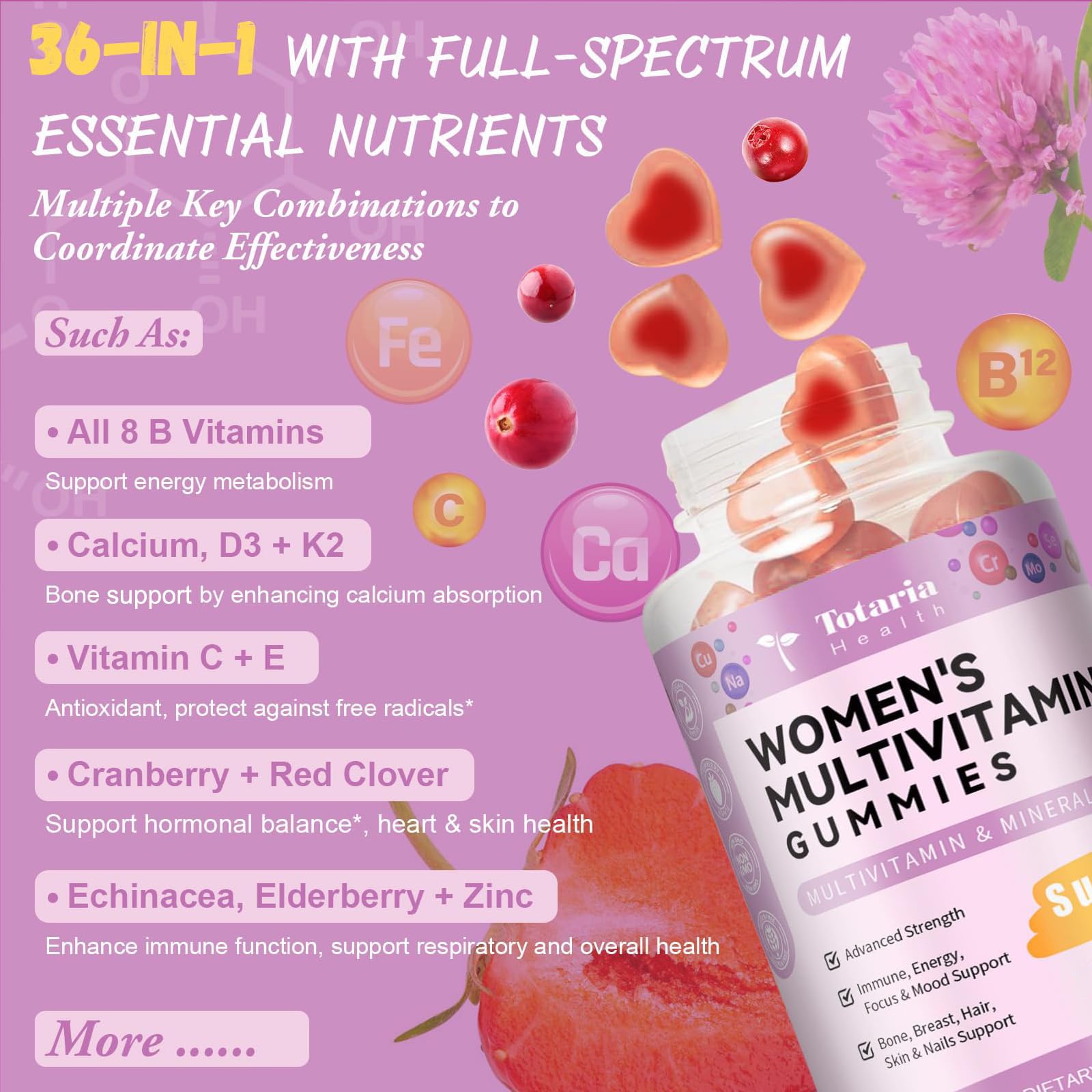 Totaria Sugar Free Multivitamin Gummies for Women 14+ w/Iron, Inositol, Folate, Biotin, Womens Daily Multivitamin Gummy w/Vitamin A, C, B, D3, K2 TotariaUS supplements