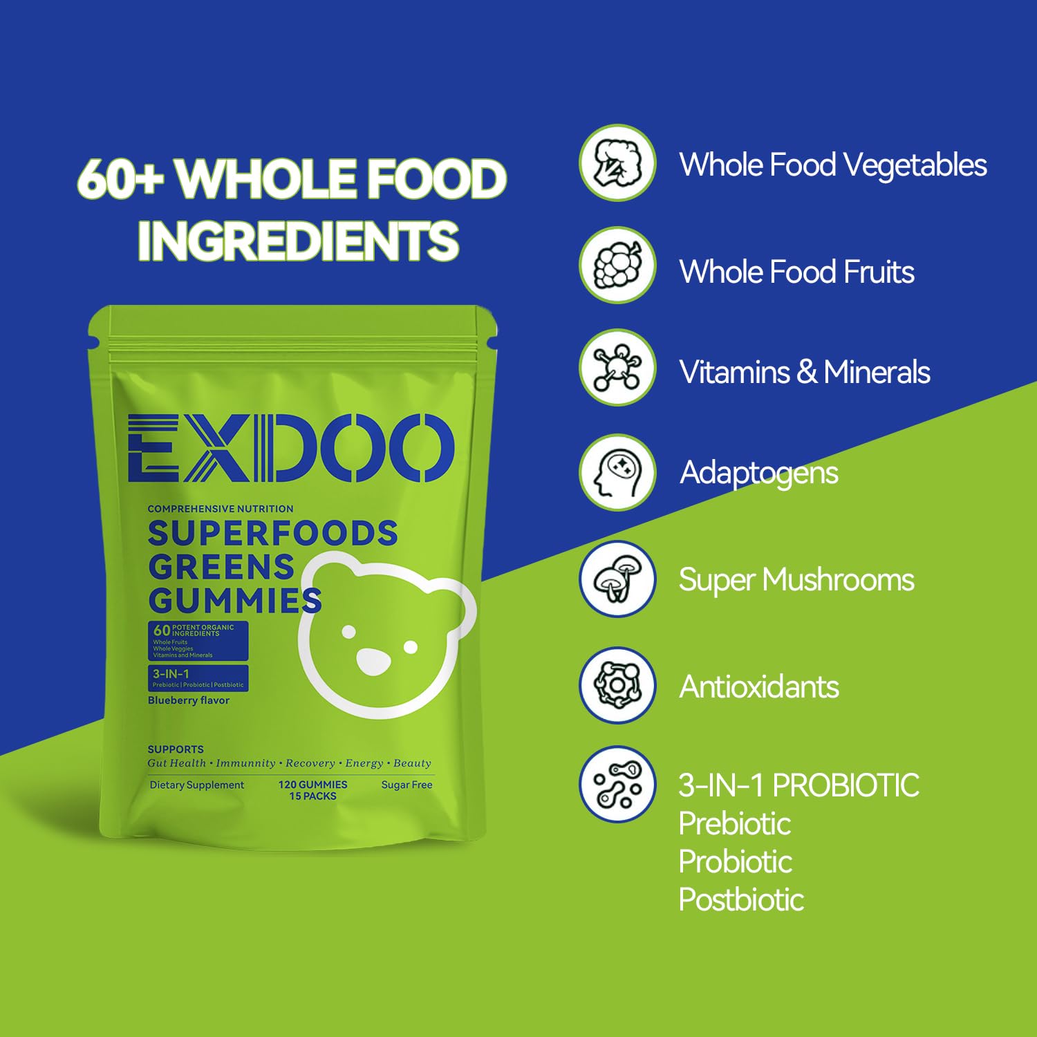 exdoo Super Greens Fiber Gummies Multivitamin Superfood Gummy with Spirulina Chlorella Prebiotic Probiotic Postbiotic for Digestive Health Supplement 15 Packs 120 Gummies exdooAu supplements
