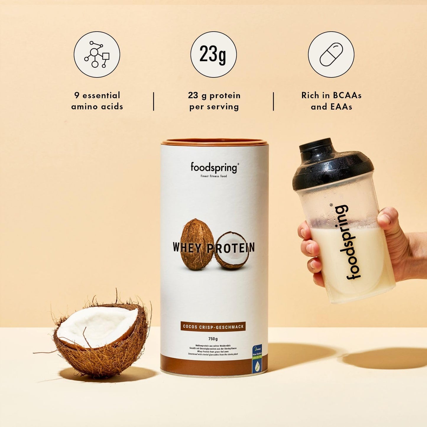 foodspring Whey Protein Powder Coconut – with 23g Protein for Muscle Building, Perfect Solubility, Made from Pasture Milk, Rich in BCAAs & EAAs - 750g foodspringUS supplements