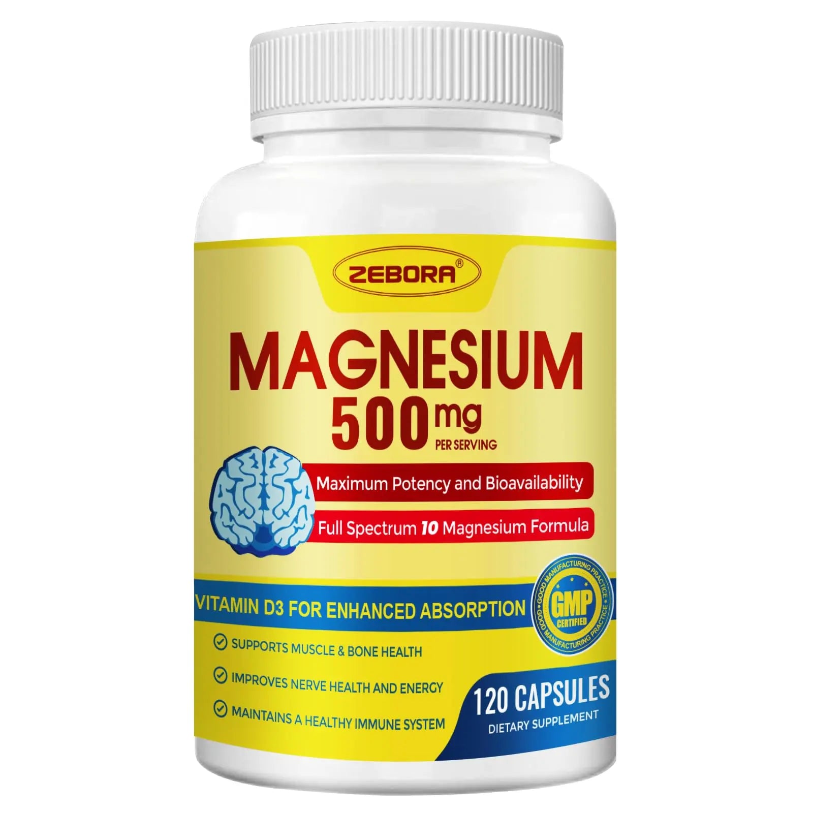 10-in-1 Magnesium Complex Supplement, Magnesium Glycinate 500mg with Citrate & Malate, Chelated High Absorption Plus Vitamin D3 & Zinc - for Nerve, Muscle & Bone Support - 120 Capsules ZEBORAAu supplements