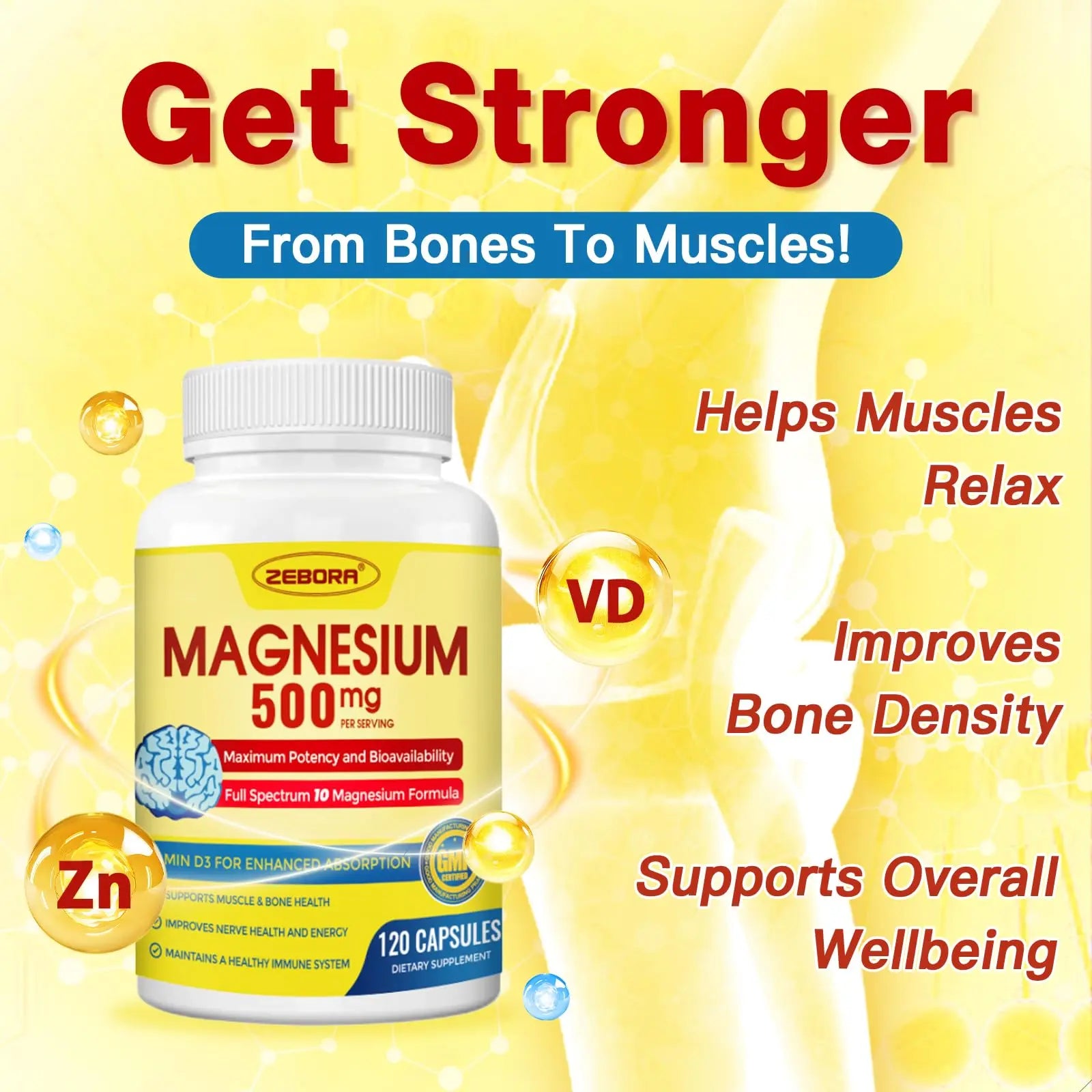 10-in-1 Magnesium Complex Supplement, Magnesium Glycinate 500mg with Citrate & Malate, Chelated High Absorption Plus Vitamin D3 & Zinc - for Nerve, Muscle & Bone Support - 120 Capsules ZEBORAnz supplements