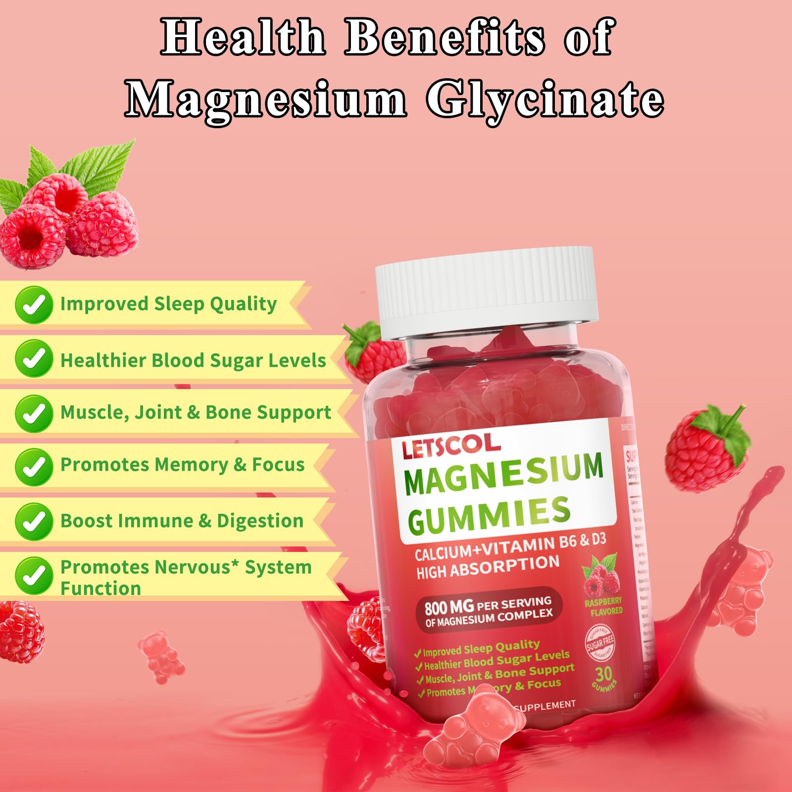 LETSCOL Magnesium Glycinate Gummies 800mg Per Serving, Sugar Free Magnesium Supplement with Magnesium Malate, Calcium, Vitamin D3, B6, CoQ10 for Calm Support & Zzz for Adults Kids LETSCOLAu supplements