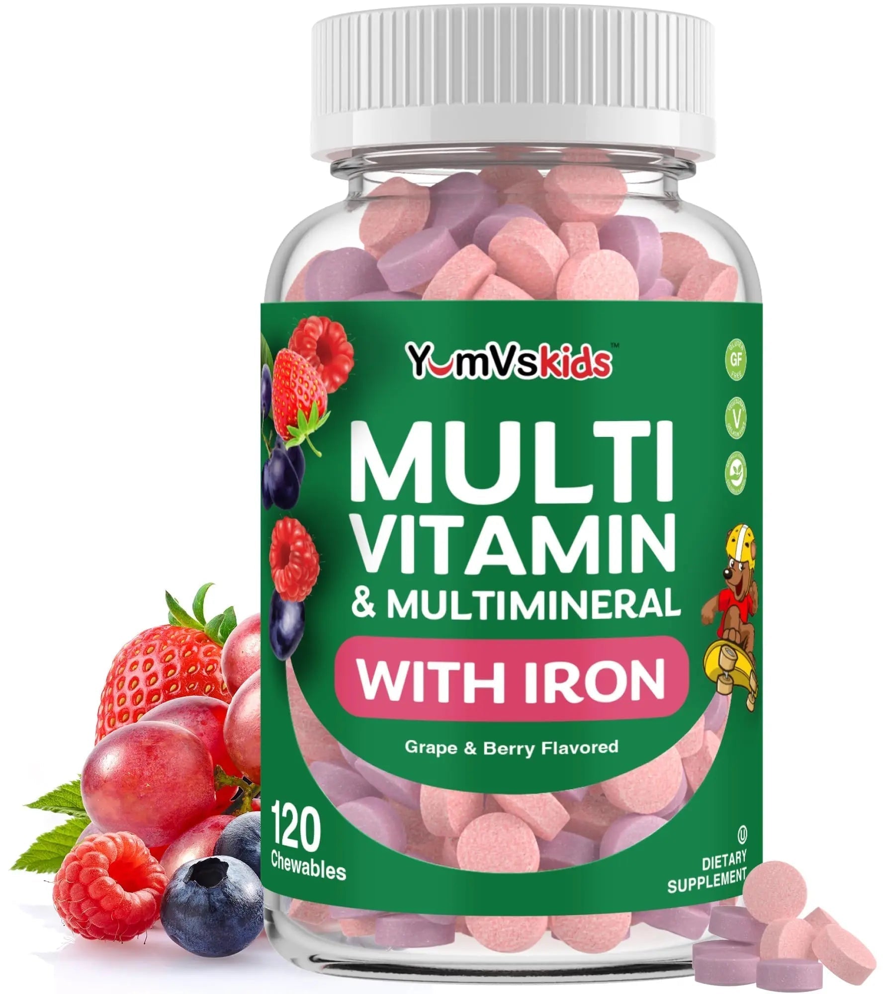 YumVs Kids Multivitamin with Iron & Minerals Chewable Tablets – Grape & Berry Flavor Vitamins for Toddlers & Children Age 2+ – Daily Multivitamin YUM-V'SAu supplements
