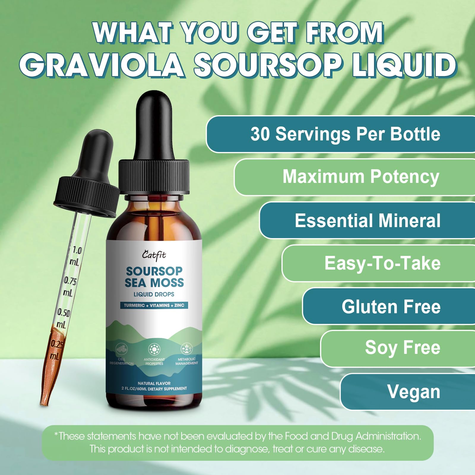 Catfit Soursop Graviola Liquid Drop – Soursop Drops for Cell Support, Antioxidant, Relaxation & Immune Boost with Sea Moss, Turmeric, Black Pepper, B6 C, Zinc, Sugar Free, Gluten Free, Vegan, 2 Fl Oz CatfitAu supplements