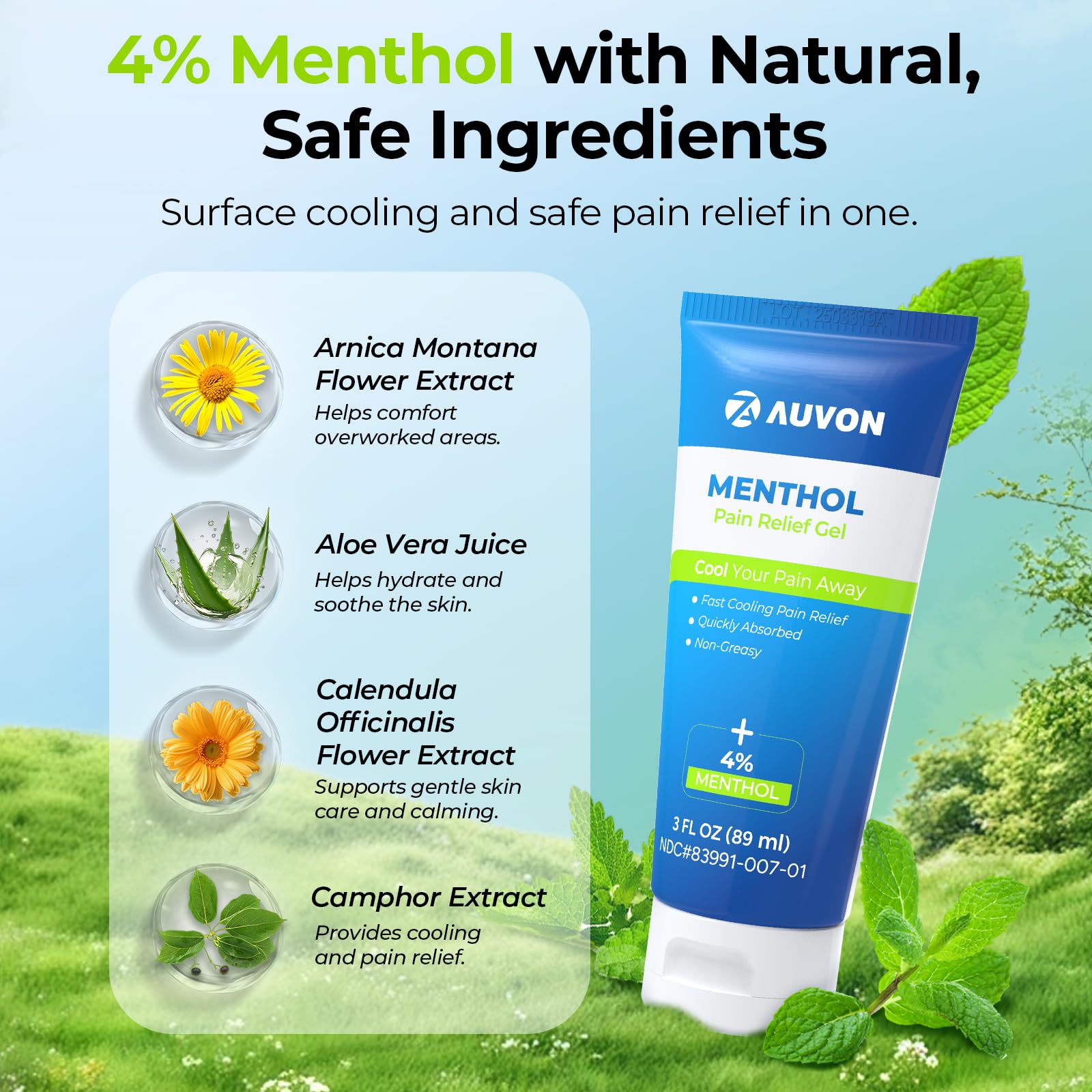 AUVON Menthol Pain Relief Gel for Chronic Joint & Back Pain, Arthritis Pain Reliever for Muscle Pain Relief, Fast-Acting Menthol Cooling Gel Soothes Knee, Hip, Shoulder, Neck Pain, 3 FL OZ Per Pack AUVONAu supplements