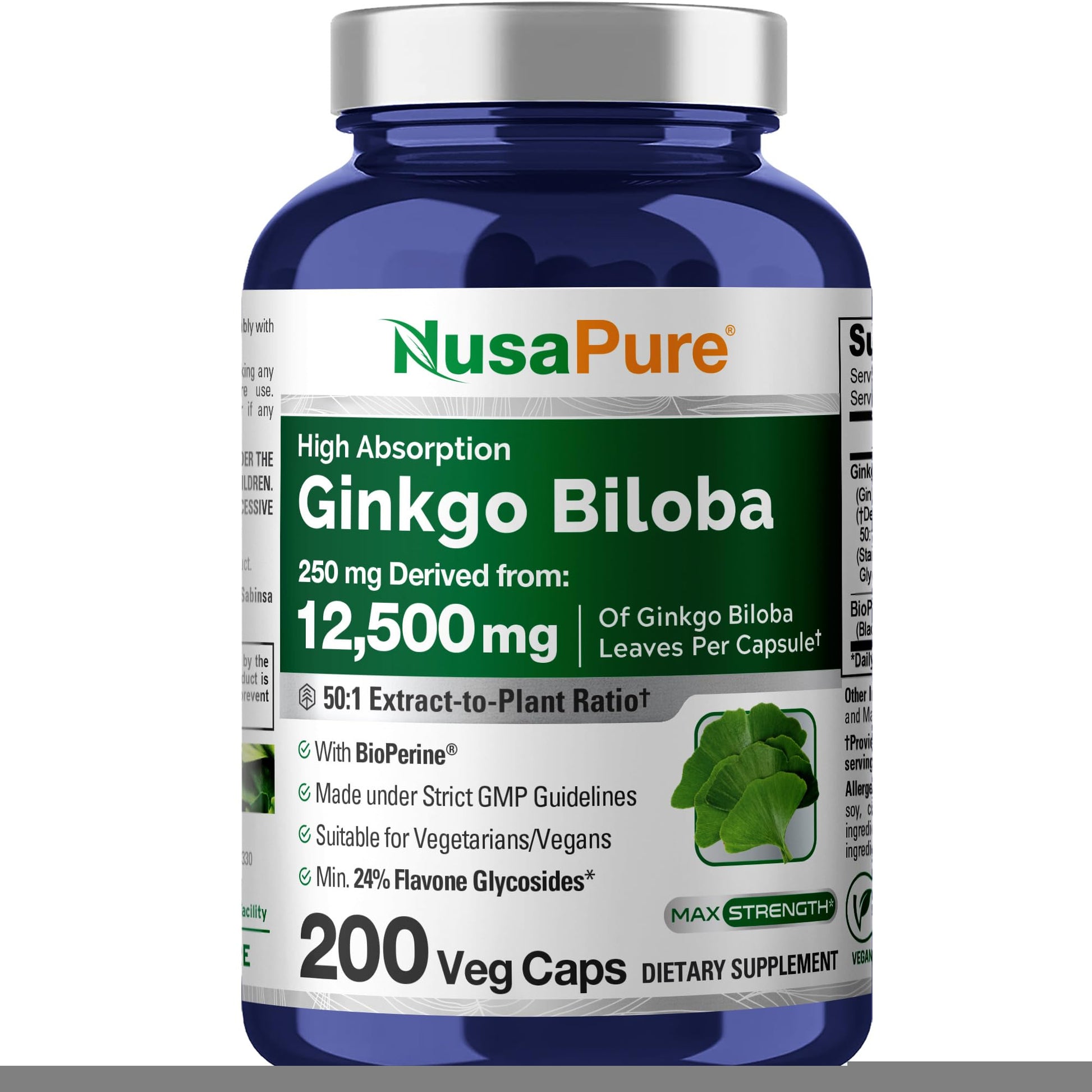 NusaPure Ginkgo Biloba 50:1 Extract, 250 mg Equivalent to 12,500 mg per Veggie Caps 200 Capsules (Vegetarian, Non-GMO, Vegan) Bioperine NusaPureAu supplements