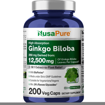 NusaPure Ginkgo Biloba 50:1 Extract, 250 mg Equivalent to 12,500 mg per Veggie Caps 200 Capsules (Vegetarian, Non-GMO, Vegan) Bioperine NusaPureAu supplements