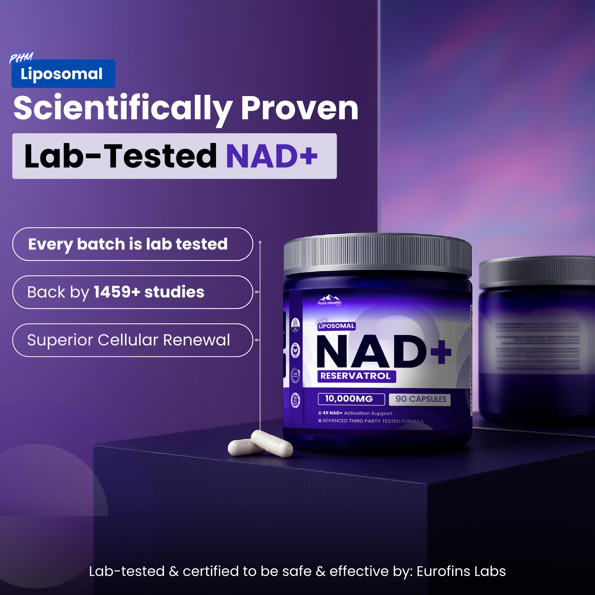 PURE HEALTH MAX PHM NAD Resveratrol Supplement - 10,000MG Extra Strength | NAD+ Liposomal Supplements for Men and Women | NMN & NMNH Alternative | 90 Capsules, 1.5 Months Supply PURE HEALTH MAXAu supplements
