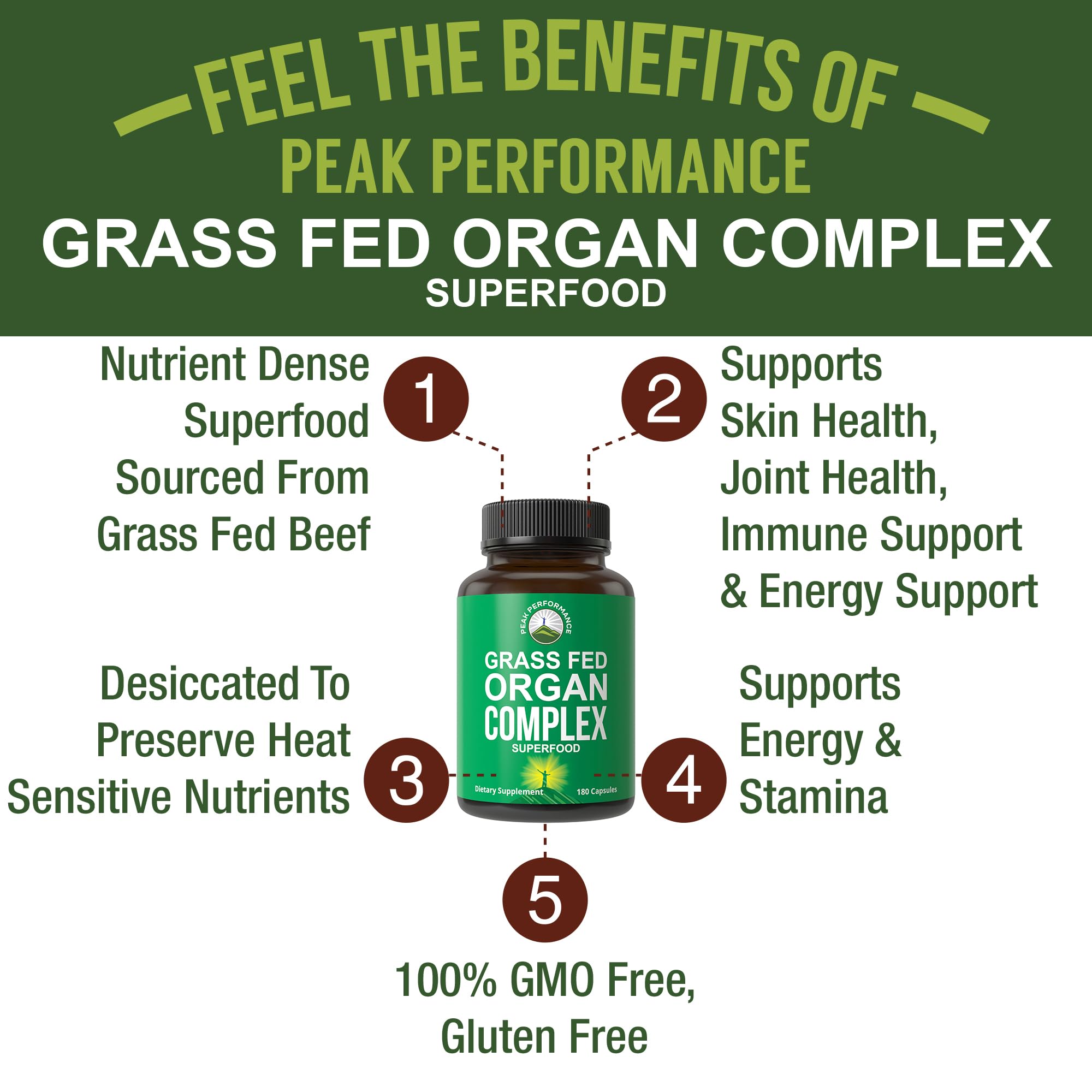 Peak Performance Grass Fed Beef Organ Complex from New Zealand (180 Capsules) Desiccated Organs Superfood Pills. GrassFed Beef Liver Capsules with Heart, Kidney, Pancreas, Spleen. Supplement Peak PerformanceAu supplements