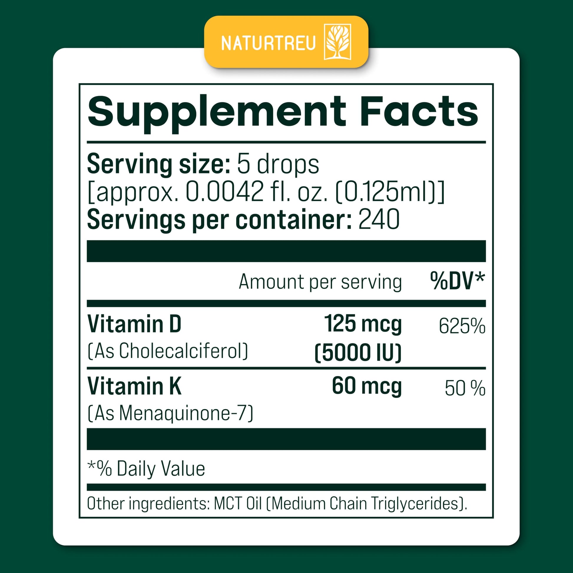NATURTREU Vegan Vitamin D3 K2 Liquid Drops with MCT Oil for Adults (240 Servings) - Liquid Vitamin D K2 MK7 - All Natural, Non-GMO & Dr Formulated with 3X More Absorption - Third-Party Tested NATURTREUAu supplements