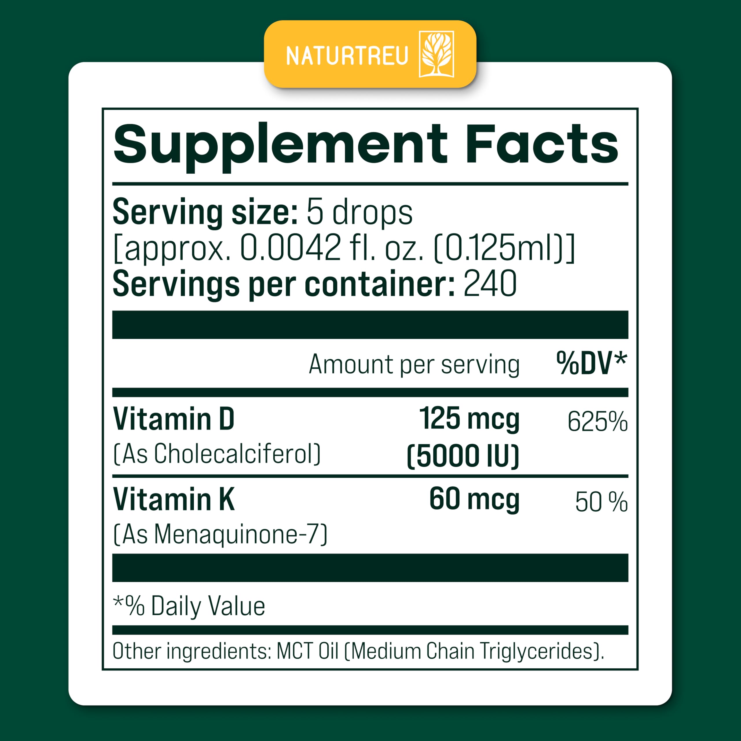 NATURTREU Vegan Vitamin D3 K2 Liquid Drops with MCT Oil for Adults (240 Servings) - Liquid Vitamin D K2 MK7 - All Natural, Non-GMO & Dr Formulated with 3X More Absorption - Third-Party Tested NATURTREUAu supplements