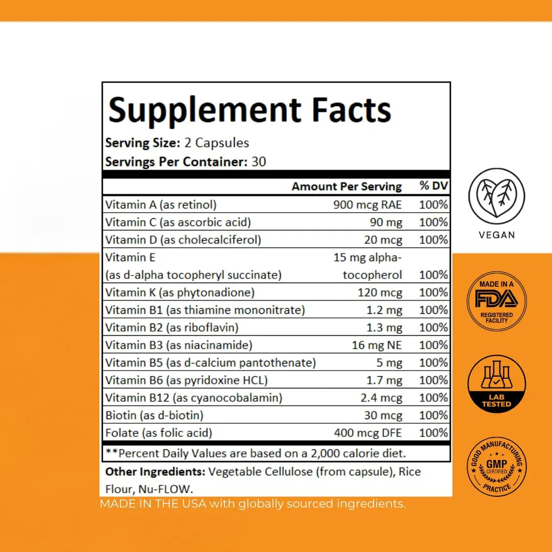 PurePath Non-Toxic Adult Multivitamin - 13 Vitamins - 100% RDA - No Harmful Megadoses - with B6 & B12 PurePathAu supplements