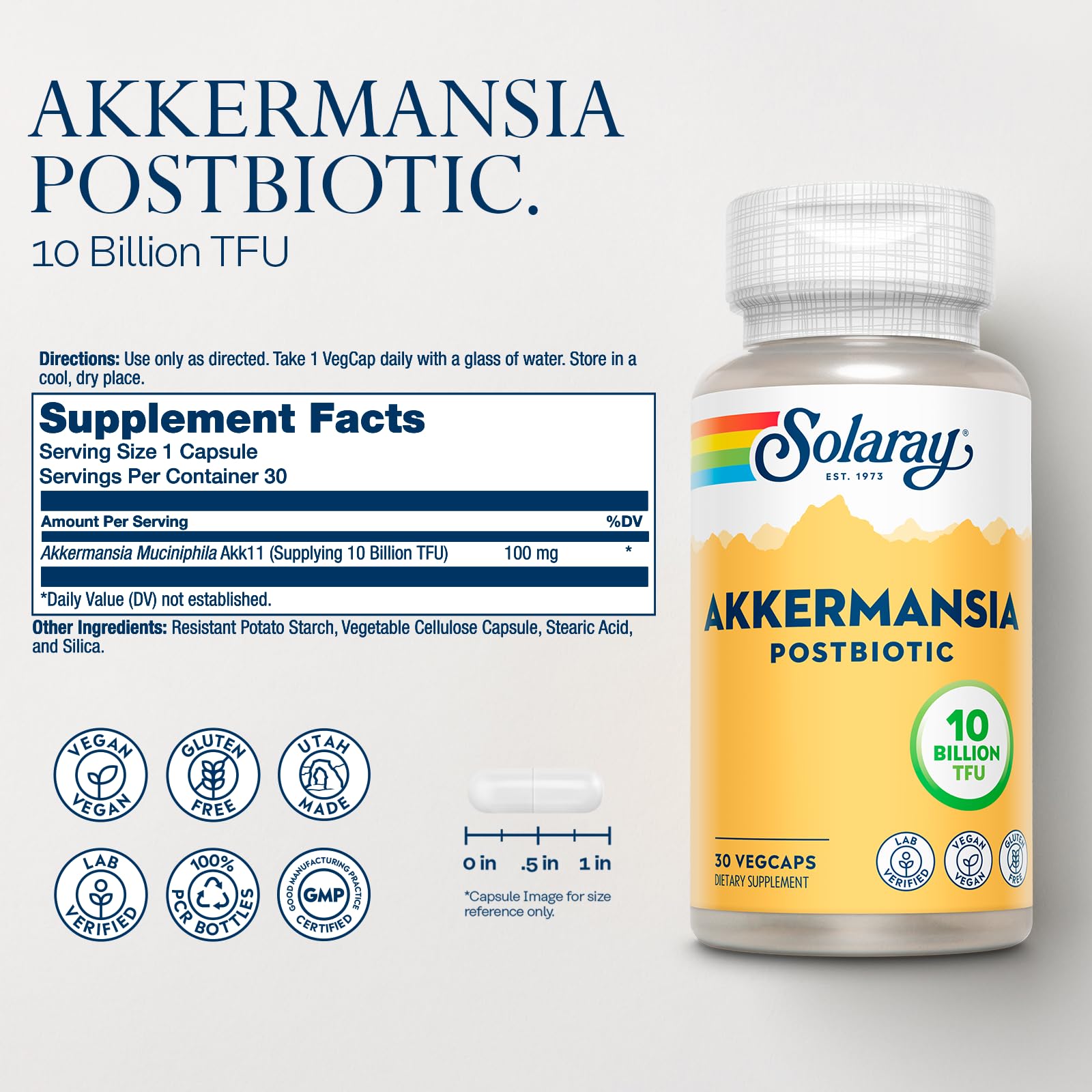 SOLARAY Akkermansia Postbiotic, Akk11, 10 Billion TFU, Beneficial Strain for Gut Health Support, Vegan, Gluten-Free, 60-Day Guarantee, 30 Servings, 30 VegCaps SOLARAYAu supplements
