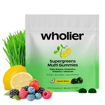 wholier Daily Supergreens Gummies, Greens Supplement with Prebiotics, Fiber, Adaptogens, Vegan Multivitamin, 9 Essential Vitamins + Minerals, 1g Sugar, 2 Gummy Serving (60 Gummies, 30 Day Supply) wholierAu supplements