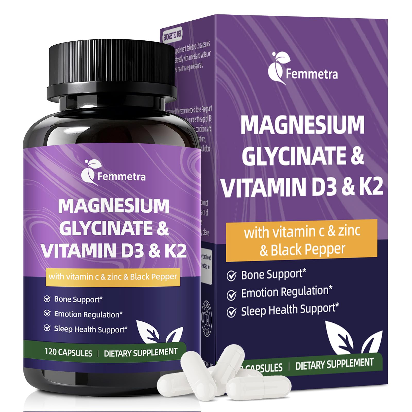 Magnesium Glycinate 600mg Vitamin D3 K2 Supplement with Vitamin C, Zinc, & Aloe Vera - Bone Support, Energy & Mood Manage & Sleep Health for Men & Women, Non-GMO, Vegan, 120 Capsules FemmetraAu supplements