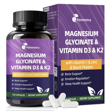 Magnesium Glycinate 600mg Vitamin D3 K2 Supplement with Vitamin C, Zinc, & Aloe Vera - Bone Support, Energy & Mood Manage & Sleep Health for Men & Women, Non-GMO, Vegan, 120 Capsules FemmetraAu supplements