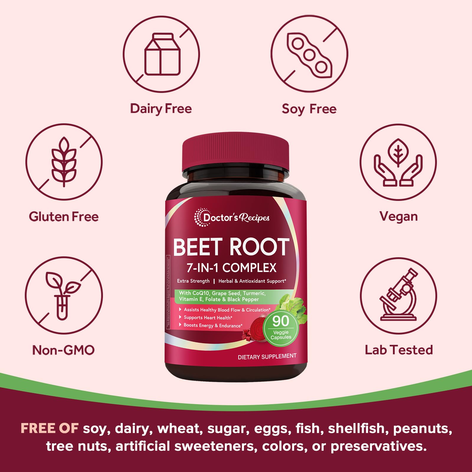 Doctor's Recipes Beet Root Capsules, 20:1 Extract with Grape Seed, CoQ10, Turmeric, Black Pepper for Enhanced Absorption, Supports Heart, Circulation, Energy & Nitric Oxide, Non-GMO, 90 Veg Caps Doctor's RecipesAu supplements