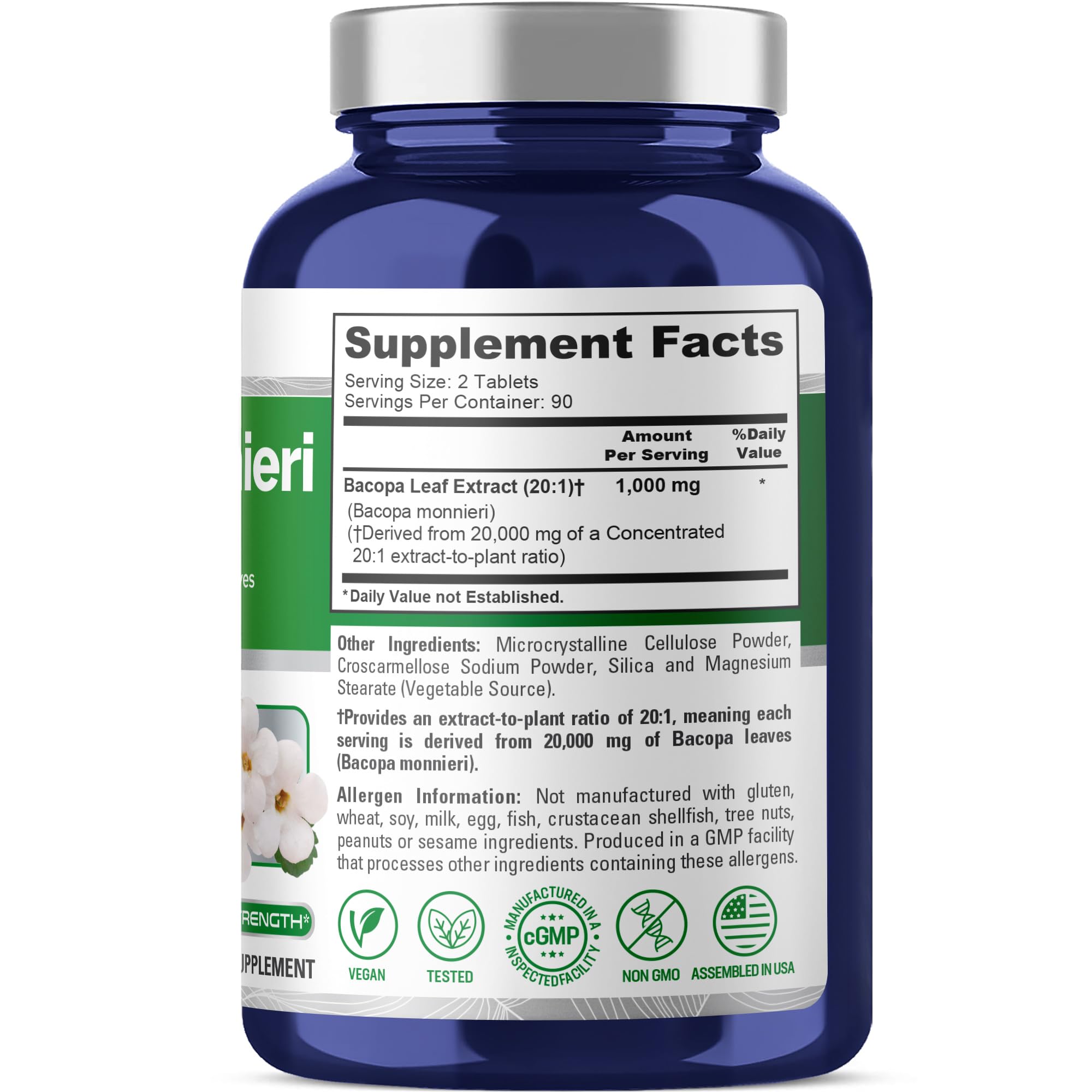 NusaPure Bacopa Leaf Monnieri Extract 20,000 mg 180 Tablets (Extract 20:1, Non-GMO, Gluten Free & Vegan) NusaPureAu supplements