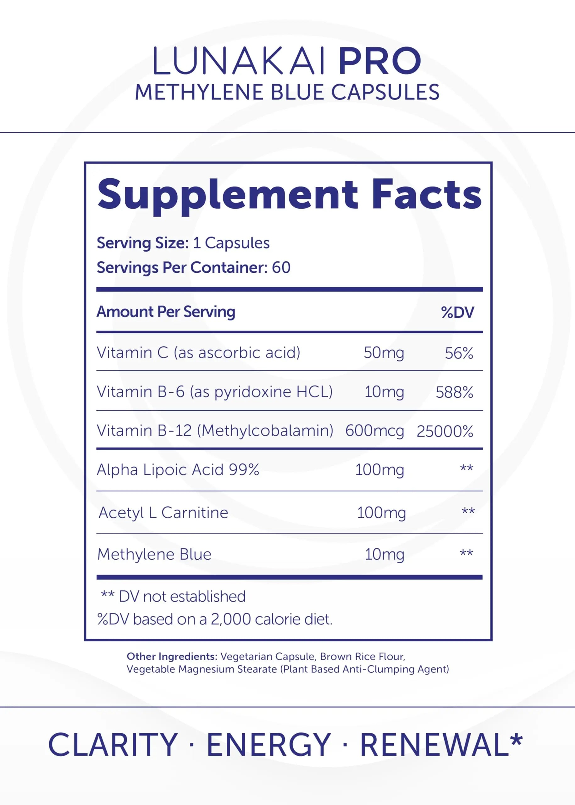 Lunakai PRO USA Made Methylene Blue Capsules Pharmaceutical Grade with Vitamin C, B6, B12 – 3rd-Party Tested Daily Brain & Focus Support Supplement for Humans, 60ct Lunakainz supplements