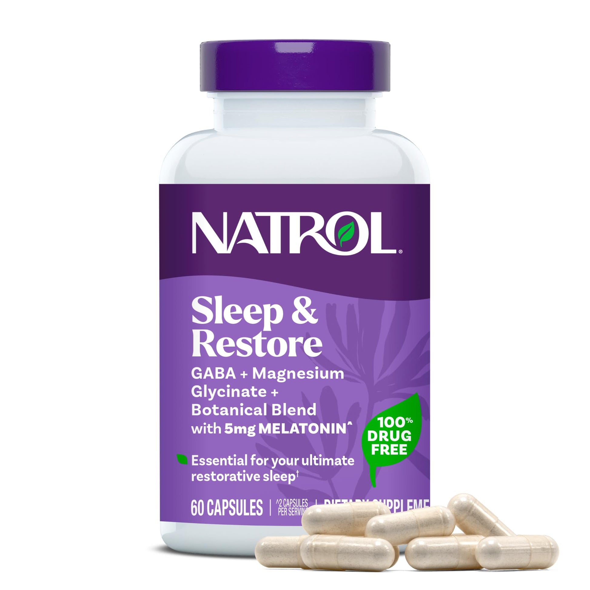 Natrol Sleep & Restore Capsules - Calm Magnesium Glycinate, Magnesium Sleep Aid with GABA, Melatonin 5mg, Botanical Blend, 30 Day Supply NatrolAu supplements