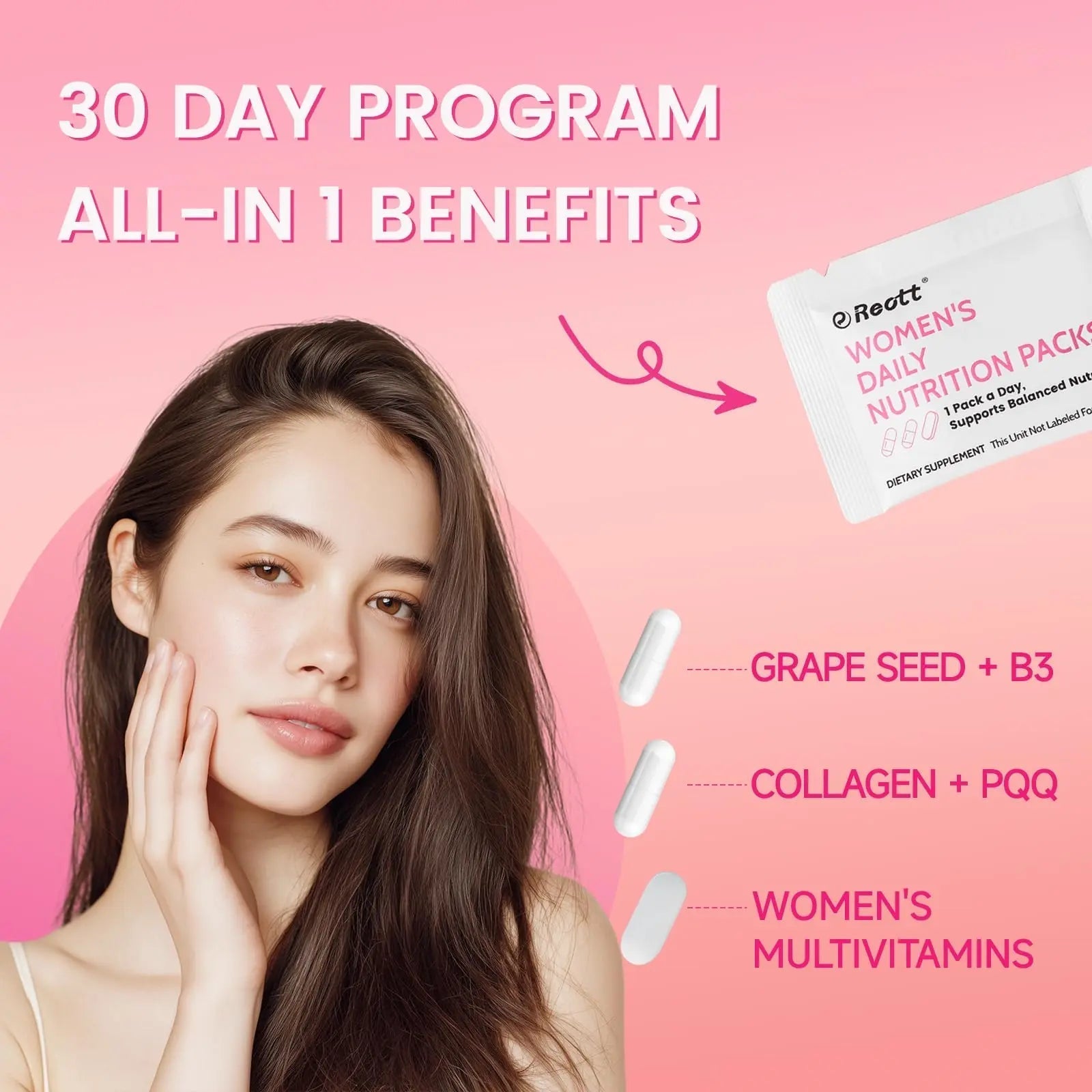 Women's Daily Vitamin Packs with Collagen Peptide, PQQ, 4-IN-1 Multivitamins For Women Health Supports Immune Health, Skin, Brain REOTTAu supplements
