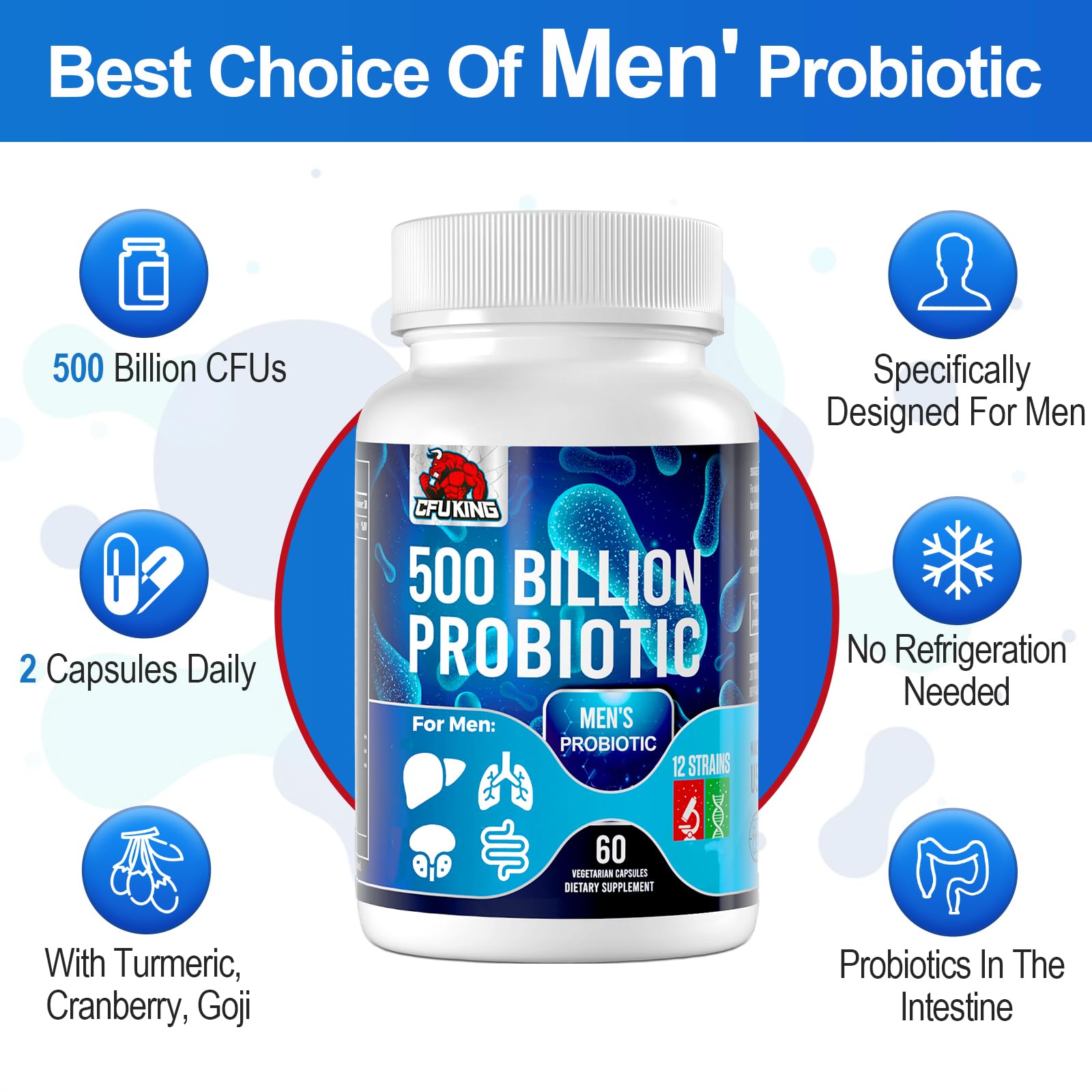 Probiotics for Men, 500 Billion CFU & 12 Mens Probiotic for Digestive Health + 4 Organic Prebiotic Fiber, for Digestive, Gut, Immune Health, Bloating, Gas, Energy Support, Shelf Stable - 120 Capsules CFUKINGAu supplements