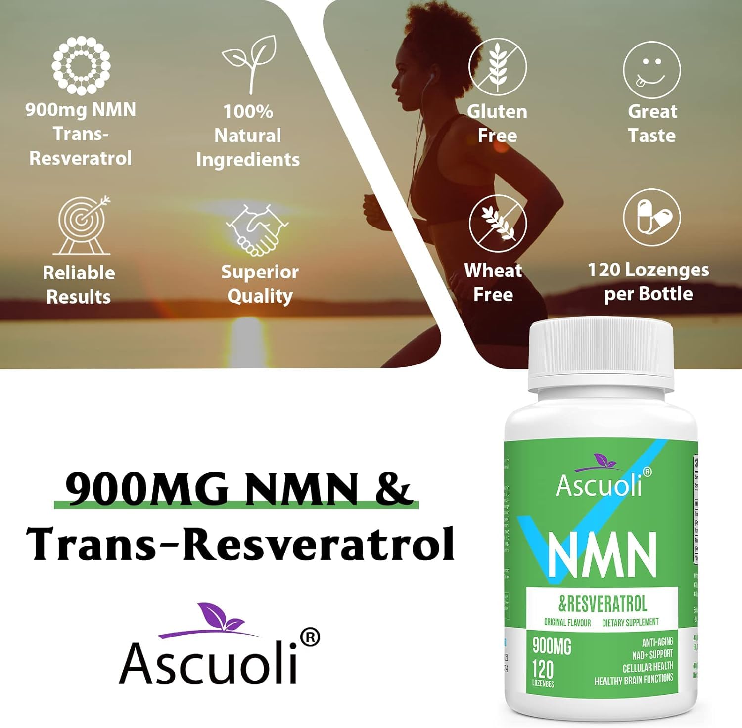 Sublingual NMN 500mg + Trans-Resveratrol 400mg, 3-in-1 Advanced Formula 99% Pure NMN Resveratrol Supplement for Boost* NAD, Cell, Immune, Energy & Muscle, Anti-Aging, 120 Lozenges, 120-Day Supply AscuoliAu supplements