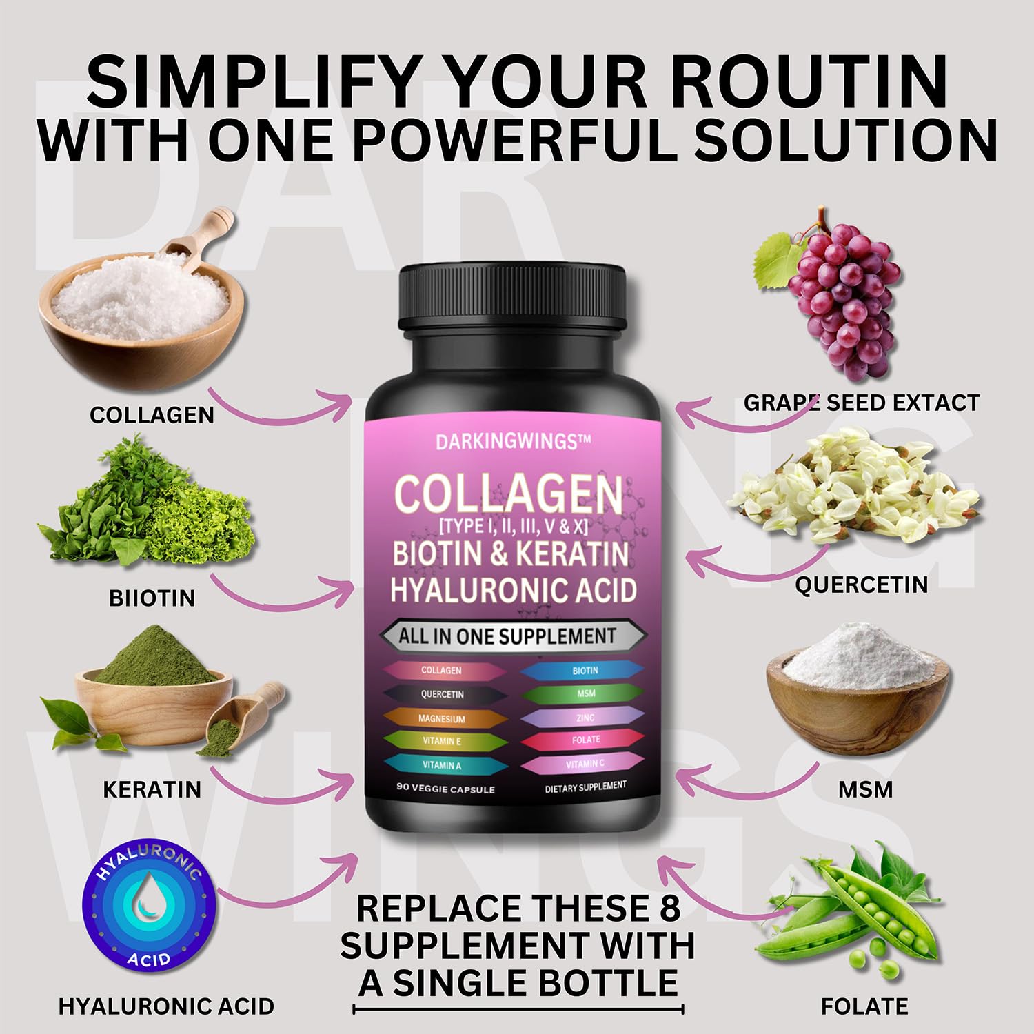 Multi Collagen Pills Peptides Types I, II, III, V & X MCG Biotin Keratin Hyaluronic Acid MSM Vitamin C Zinc Magnesium with Grape Seed Extract, Quercetin - Hair Skin and Nails Vitamins Capsule DarkingwingsAu supplements