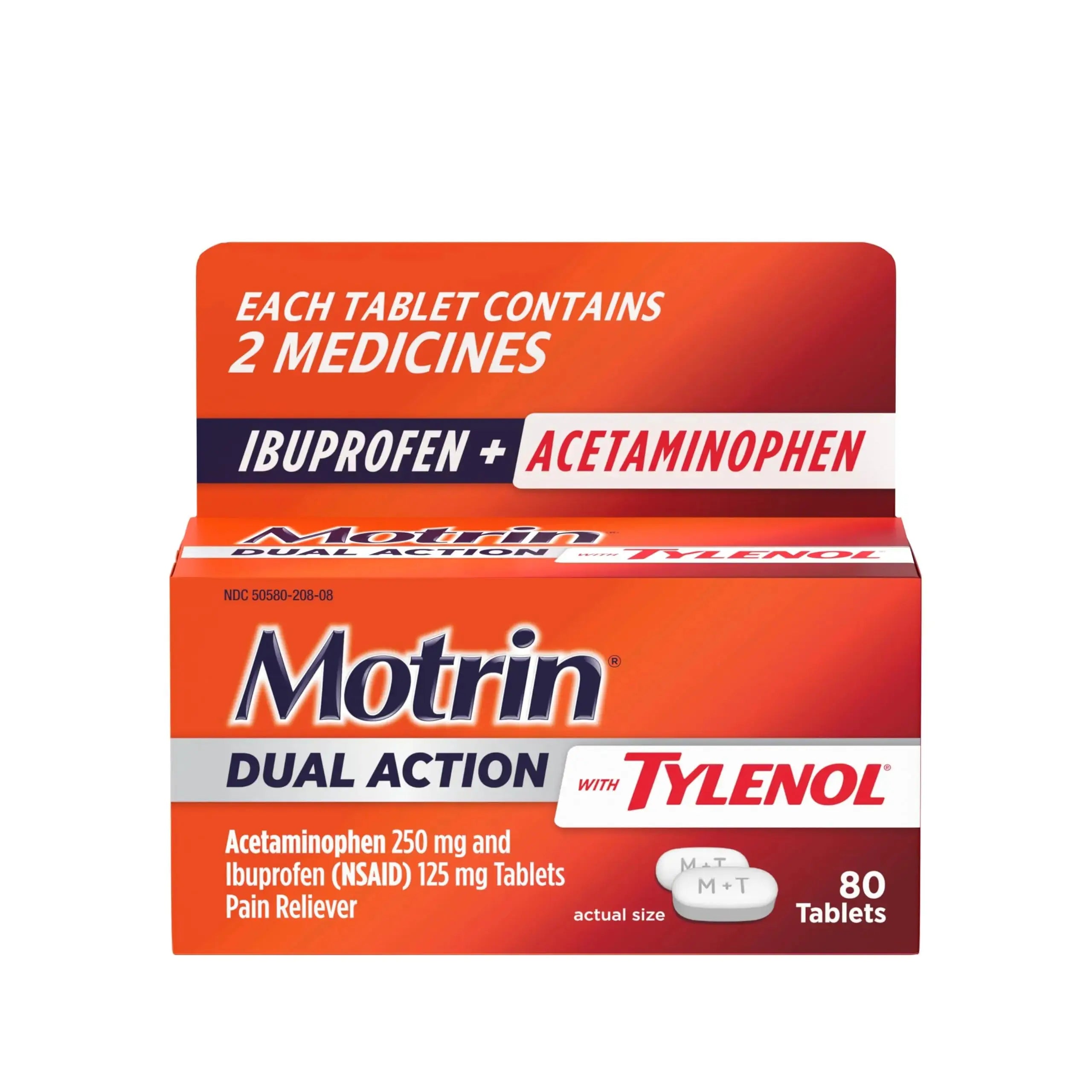 Motrin Dual Action with Tylenol, Fast-Acting Dual Action Pain Reliever with Ibuprofen & Acetaminophen for Minor Aches & Pains, Ibuprofen (NSAID) 125 mg & Acetaminophen 250 mg, 80 ct MotrinAu supplements