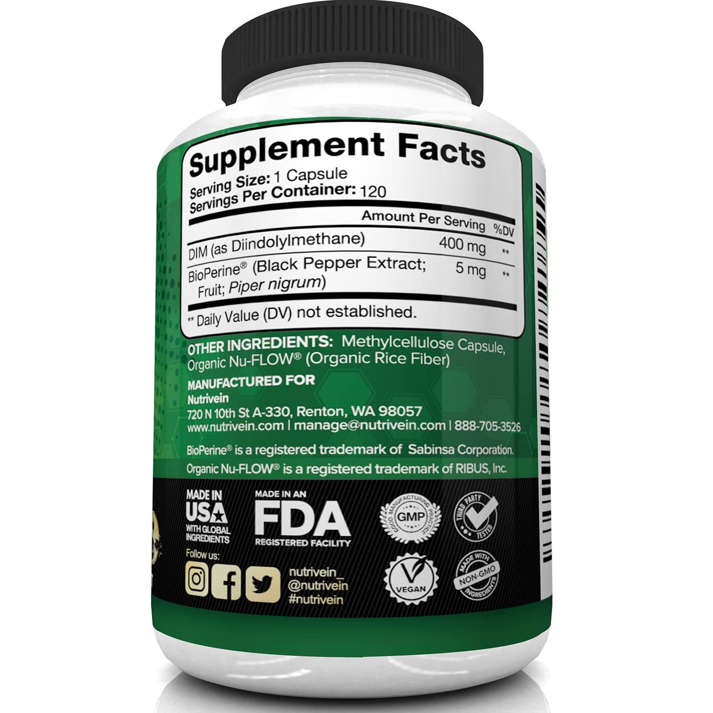Nutrivein DIM Supplement 400mg Diindolylmethane Plus Bioperine - Maintain Hormone NutriveinUS supplements