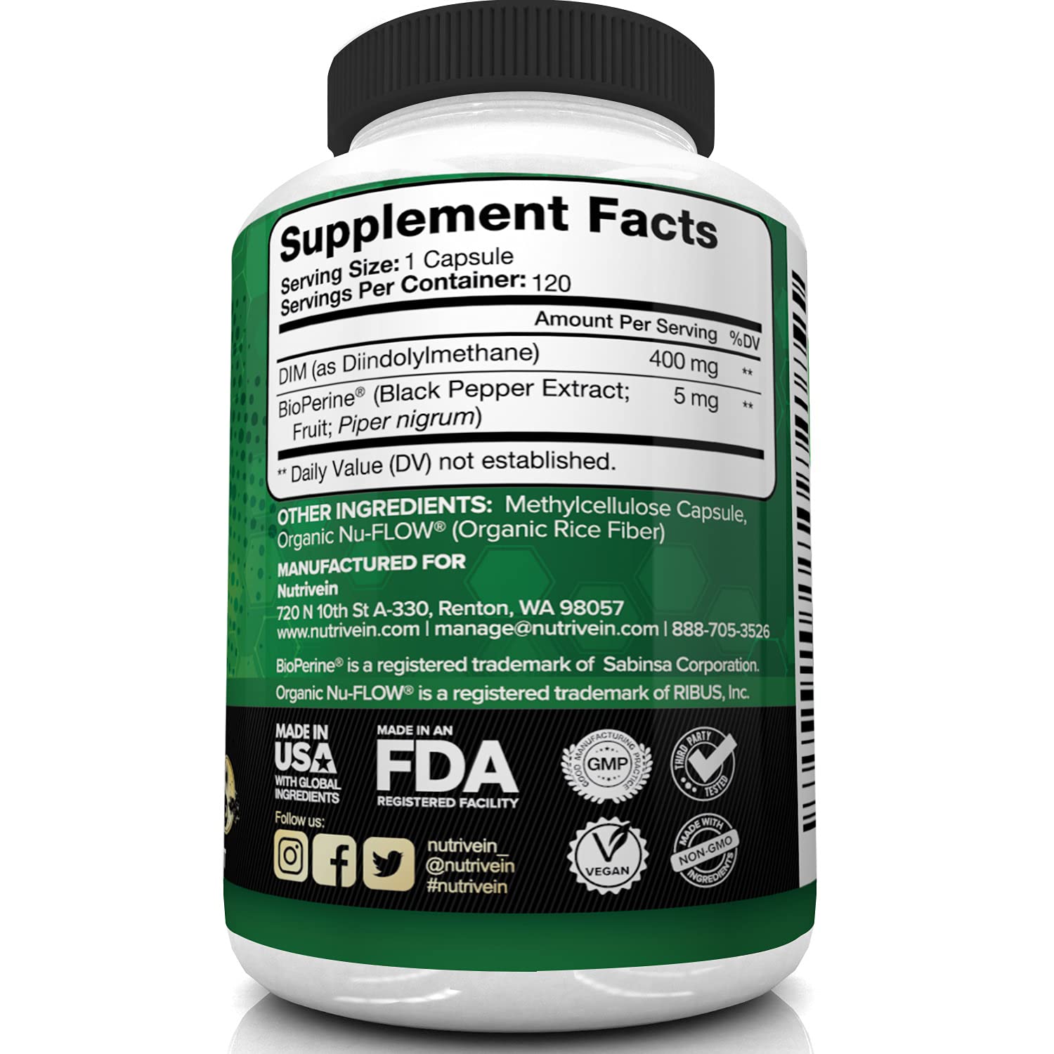 Nutrivein DIM Supplement 400mg Diindolylmethane Plus Bioperine - Maintain Hormone NutriveinAu supplements