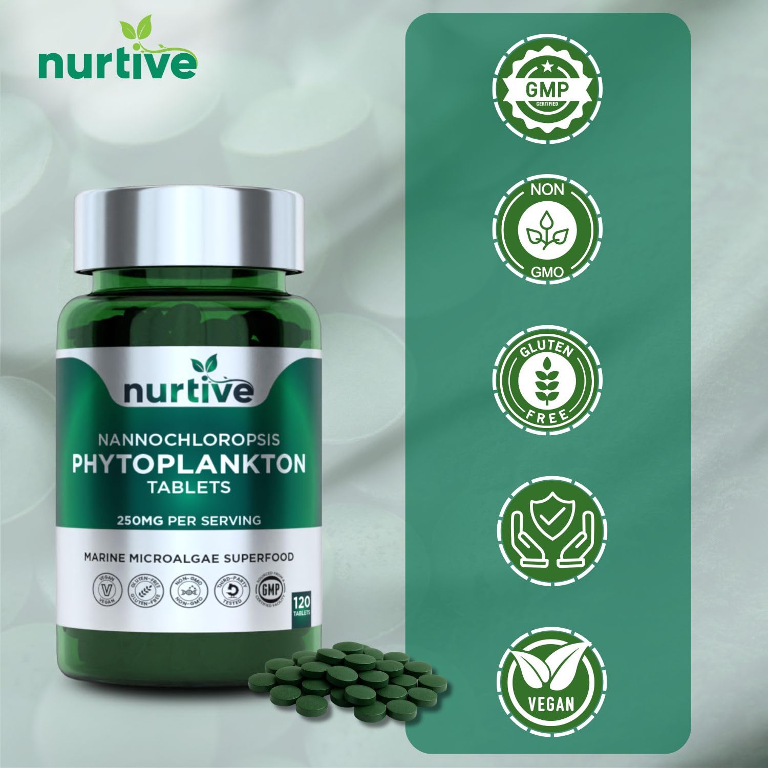NURTIVE Nannochloropsis Phytoplankton Tablets – 250mg per Serving – Vegan, Gluten-Free, Non-GMO, No Fillers – Third-Party Tested, GMP Certified – 2 Tablets/Day for 2 Month, 120 Tablets/Bottle NURTIVEAu supplements