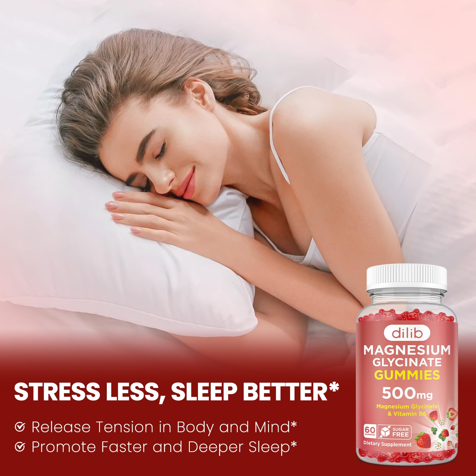 Magnesium Glycinate Gummies 500mg - Magnesium Supplement with Vitamin B6 for Adults & Magnesium for Kids - Calm Magnesium for Sleep, Mood, Muscle Support - Strawberry Flavor, 60 Gummies dilibAu supplements