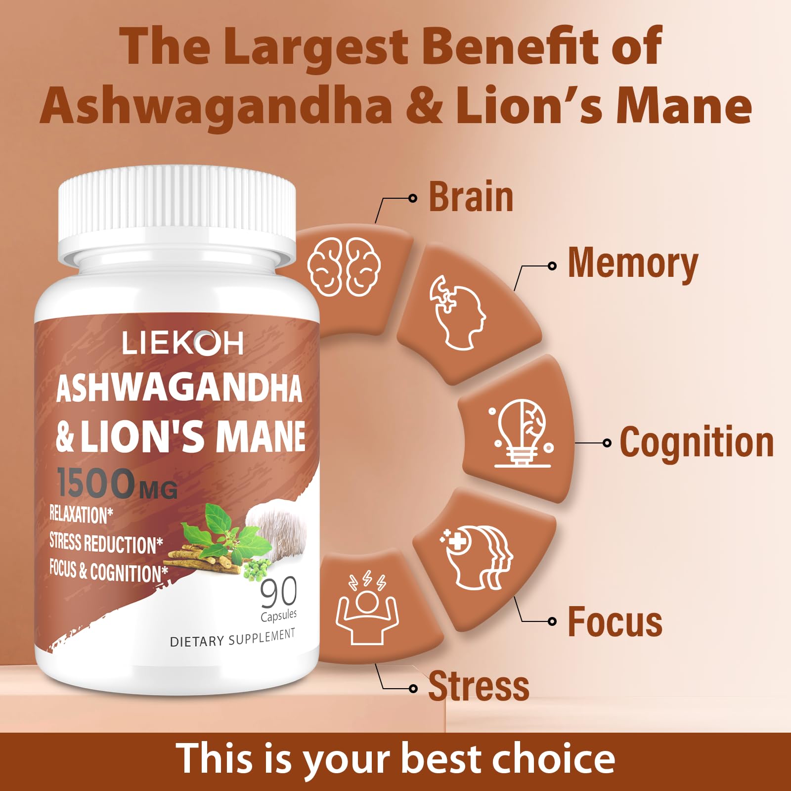 Liekoh Ashwagandha & Lions Mane Supplement Capsules, Brain Supplements for Memory and Focus, Ashwagandha Supplement with Rhodiola & Black Peppe, Cortisol Supplements for Women & Men,90 Caps LiekohAu supplements
