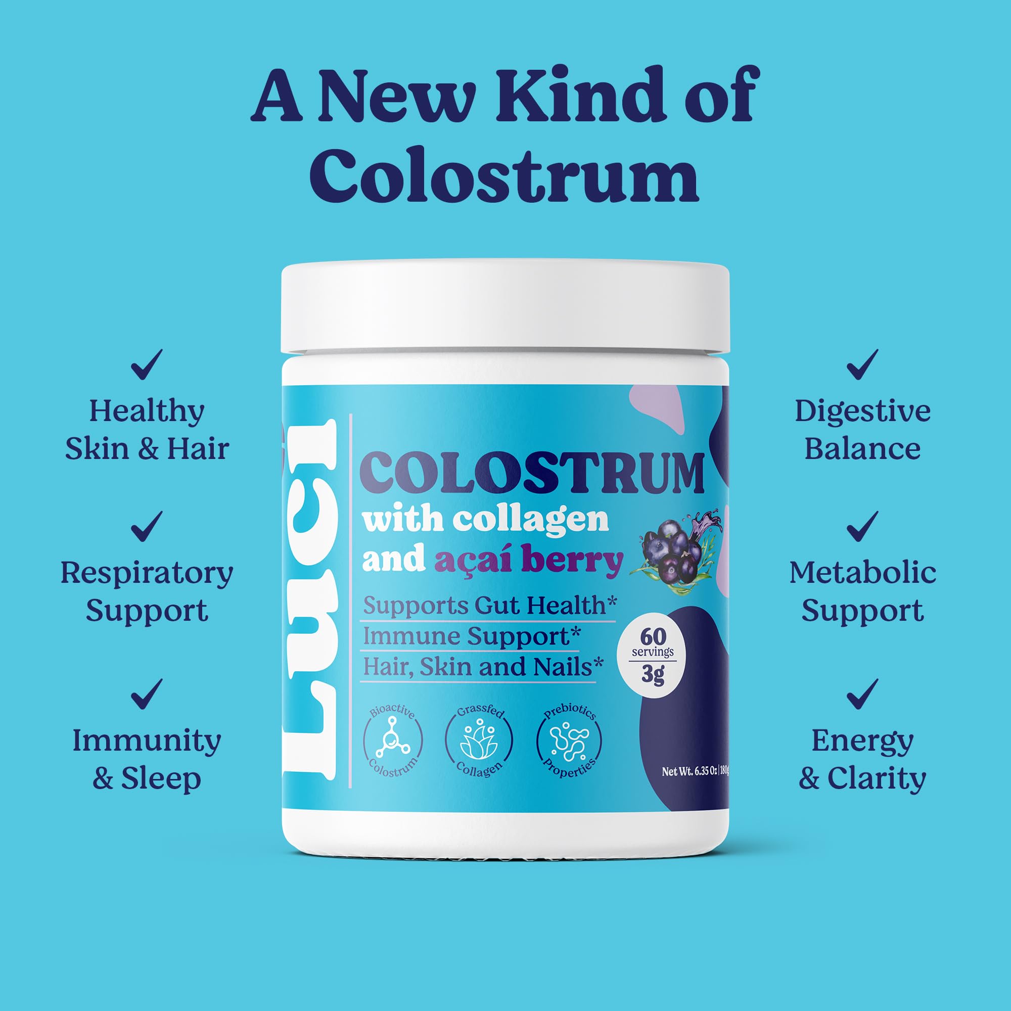 Luci Colostrum Powder 60 Servings, 3 in 1 with Collagen Peptides and Acai, Bovine Colostrum for Gut Health, Bloating, Collagen Protein for Muscle, Skin, Hair, Nails and Immunity, Gluten & Fat Free Luci NutritionAu supplements