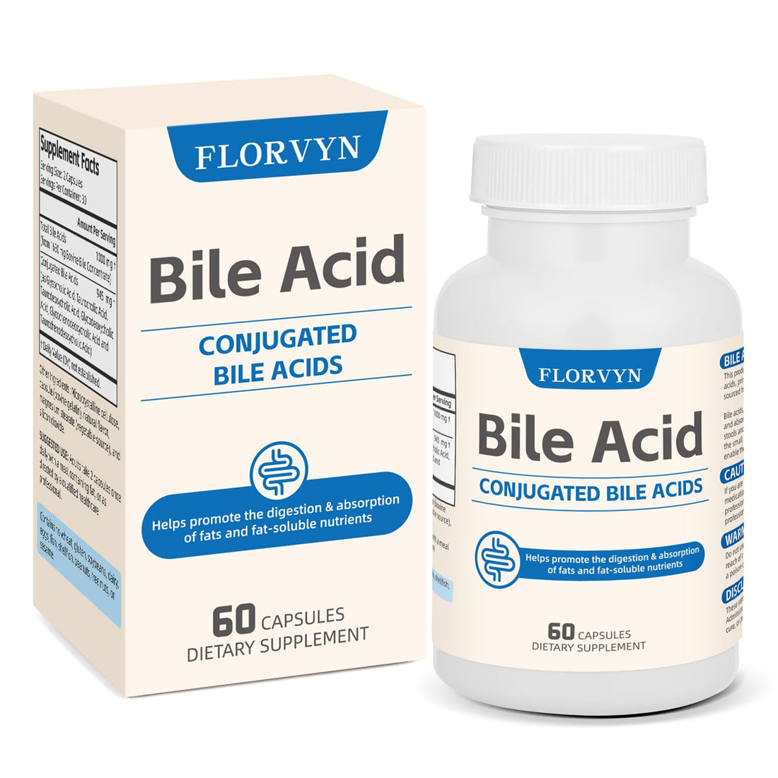 Florvyn Conjugated Bile Acid Supplement 1000mg – Supports Fat Digestion & Absorption of Fats & Fat-Soluble Nutrients, Gut Comfort & Nutrient Utilization, 60 Capsules, 30 Day Supply FlorvynAu supplements