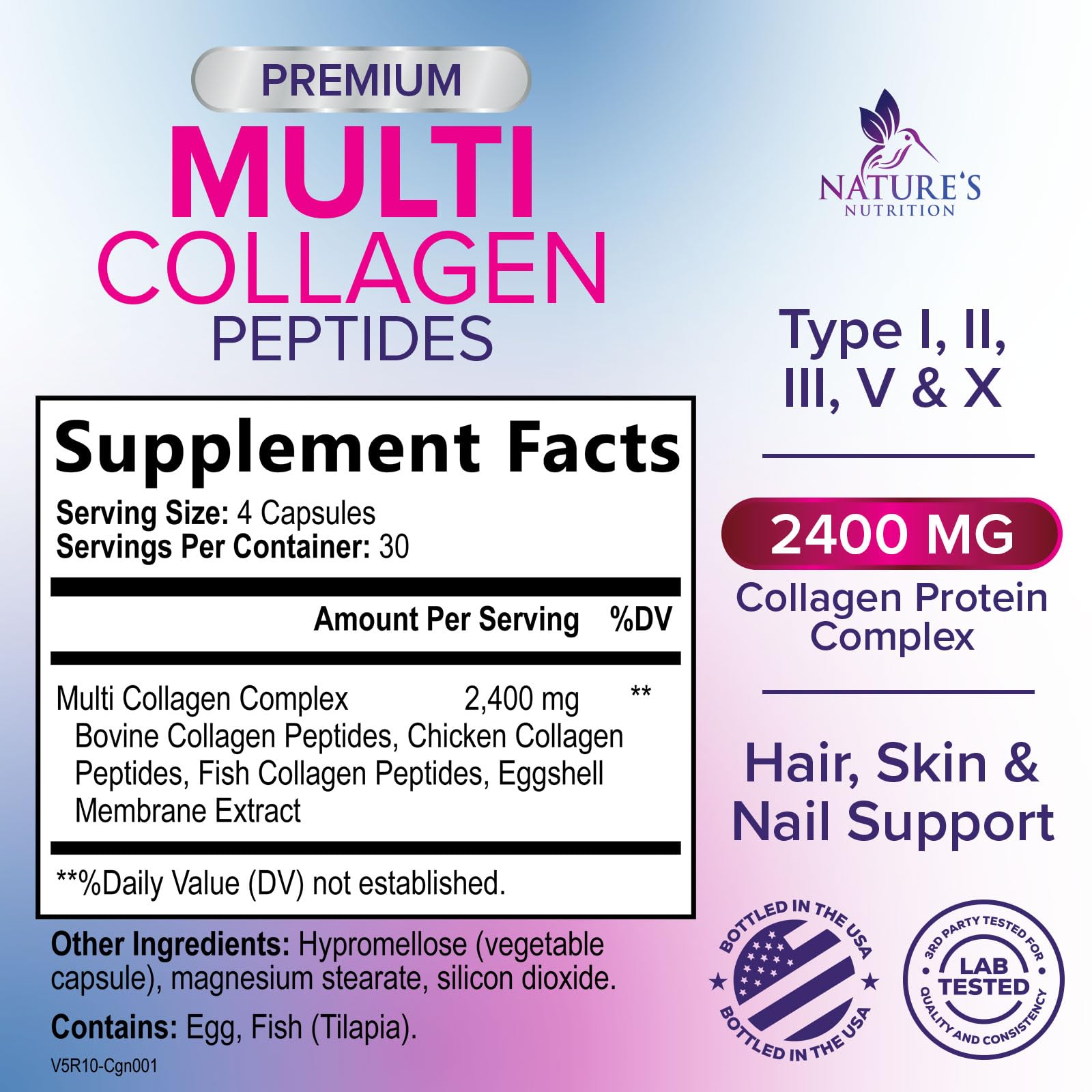 Multi Collagen Pills 2400 mg - Advanced Types I, II, III, V, X - Hydrolyzed Multi Collagen Peptides Pills, Collagen Supplements for Women & Men - Hair, Skin, & Nail Support Supplement - 120 Capsules Nature's NutritionAu supplements