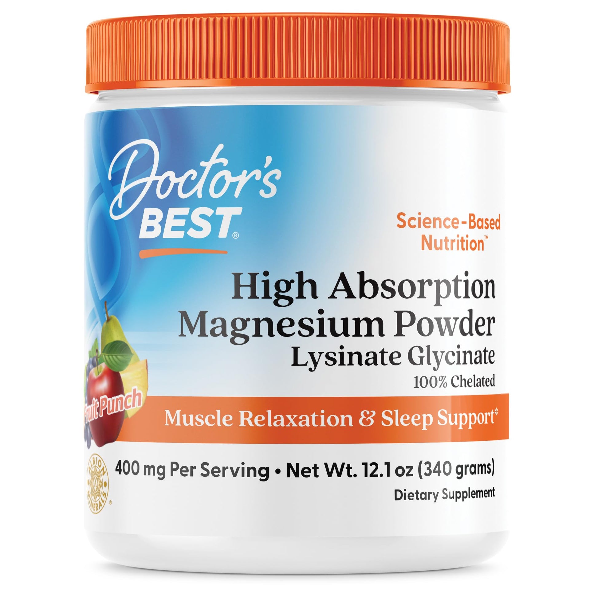 Doctors Best High Absorption Magnesium Powder Lysinate Glycinate 100% Chelated, Muscle Relaxation & Sleep Support, Gluten Free, Vegan, 100% Chelated Net Wt. 12.1 oz (340 Grams), Fruit Punch Flavor Doctor's BESTAu supplements