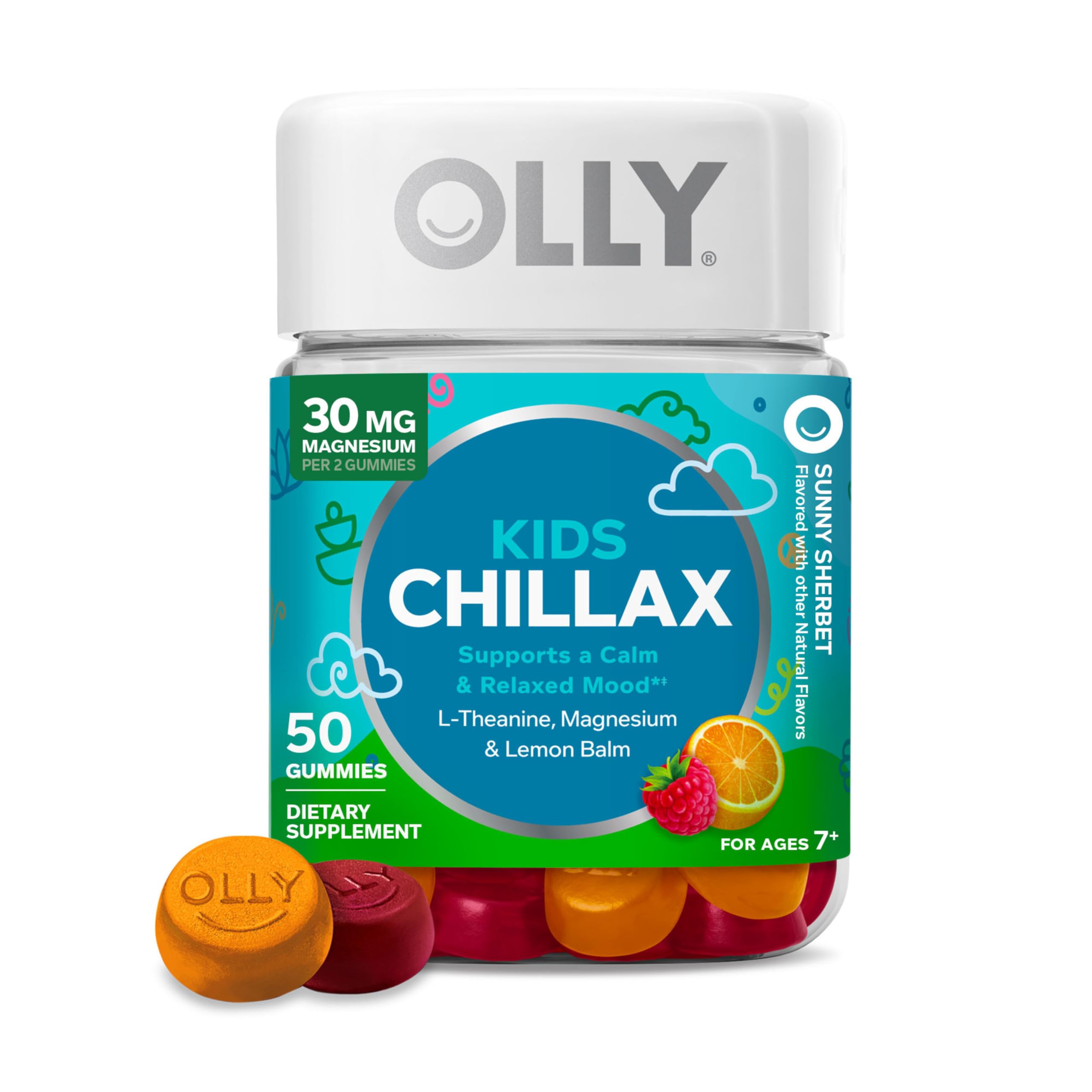 OLLY Kids Chillax Gummy, For a Calm and Relaxed Mood*, Magnesium, L-Theanine, Lemon Balm Extract, Chewable Supplement, Sherbet Flavored, 25 Day Supply - 50 Count OLLYAu supplements
