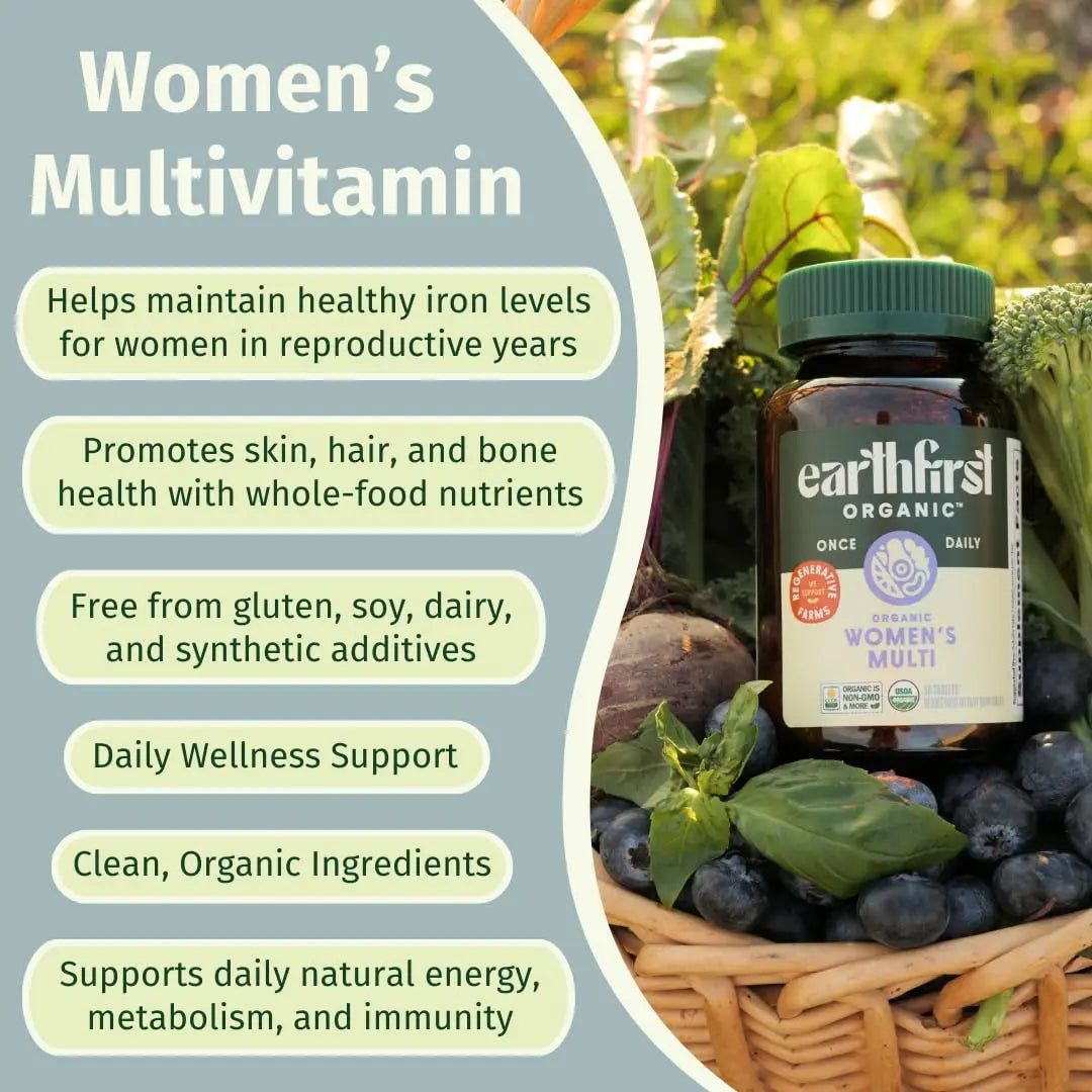 EarthFirst Organic Women’s Multi Once Daily, Women's Multivitamin, Iron, Vitamin B12 & More, 19 Vitamins from Herbs & Superfoods, 30 Count EarthFirst Organicnz supplements