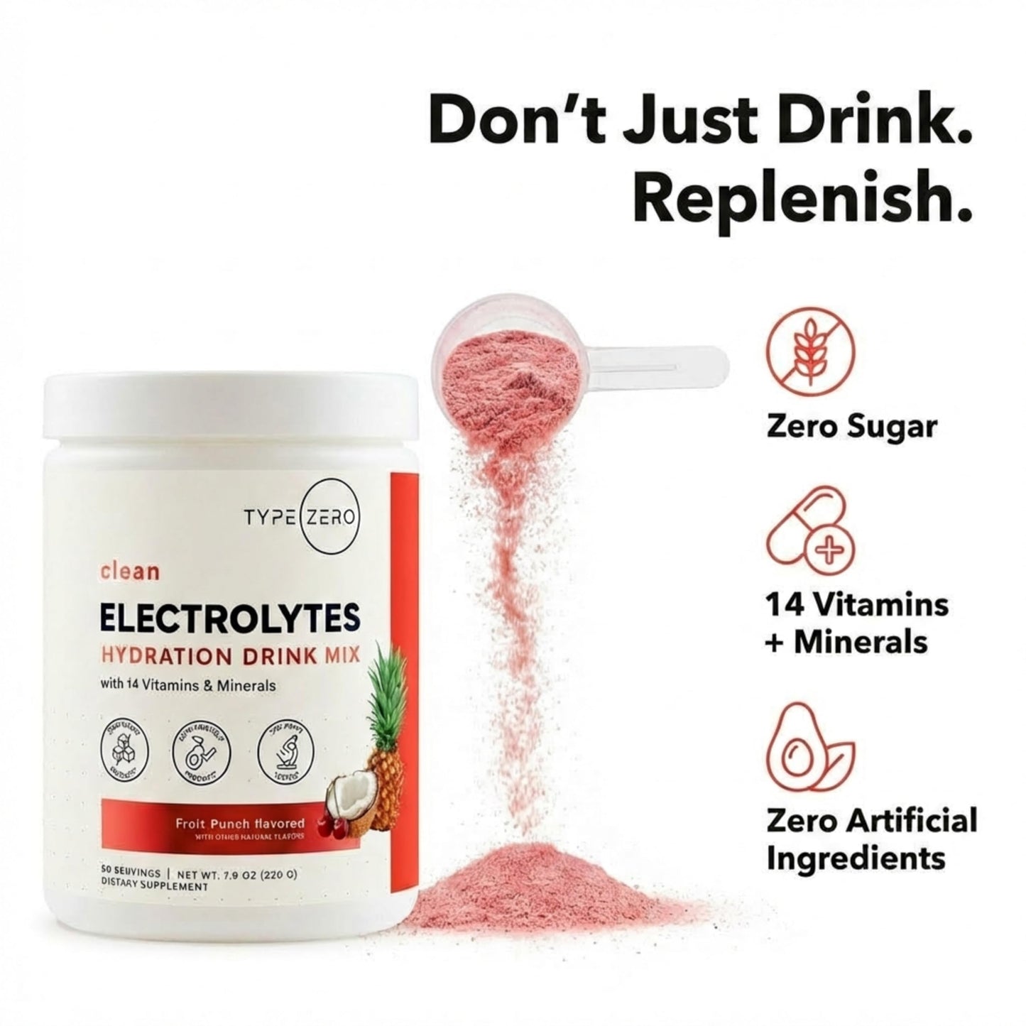 Type Zero Clean Electrolytes Hydration Powder Drink Mix + 14 Essential Vitamins & Minerals - Sugar Free, Zero Artificial Ingredients - Fruit Punch, 50 Servings Type ZeroUS supplements