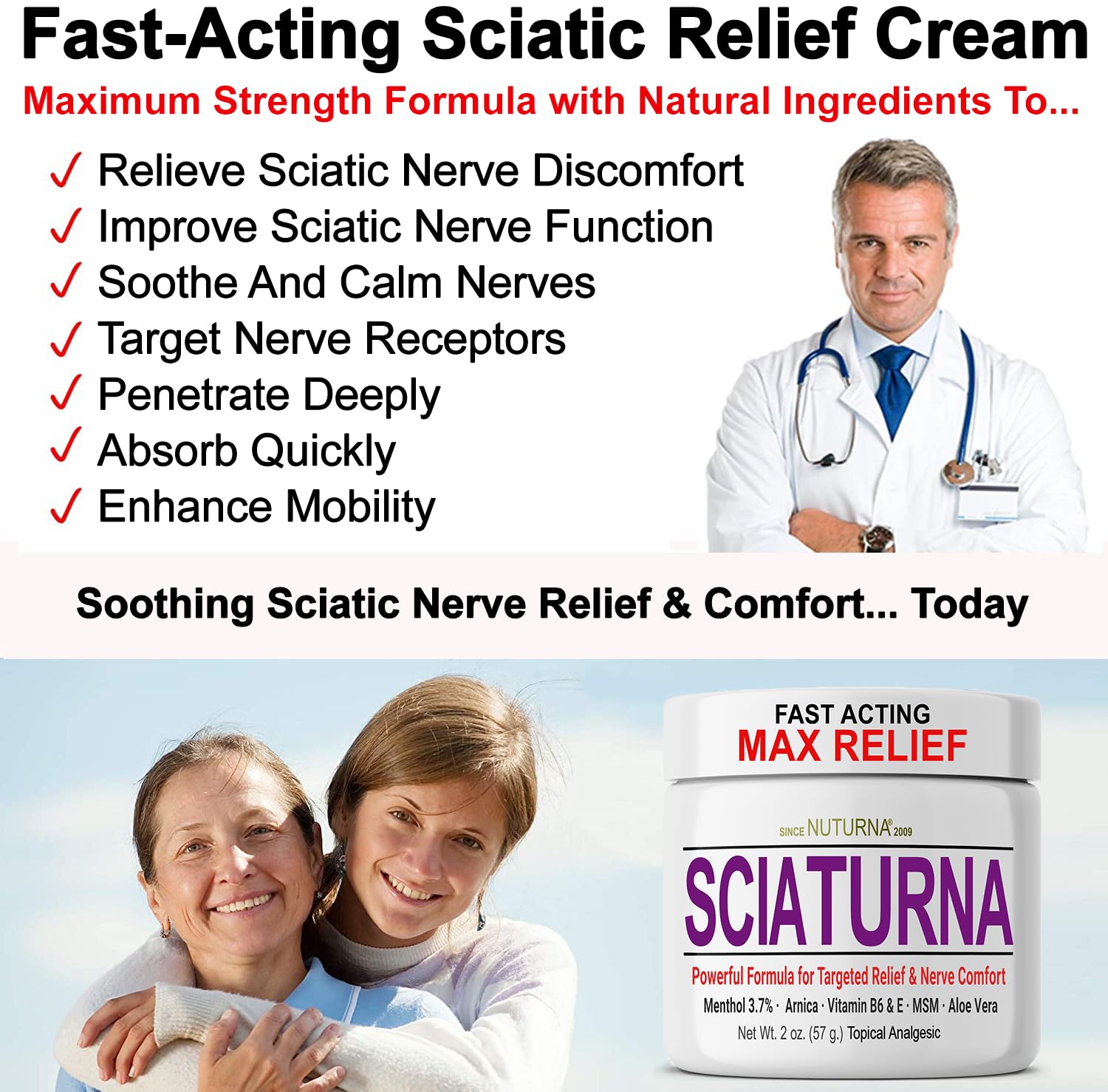 Sciatica Nerve Cream - Maximum Strength Comfort Cream for Feet, Hands, Legs, Toes, Back - Natural Ultra Strength Arnica, MSM, Menthol, Soothing Comfort, 2 Oz NuturnaAu supplements