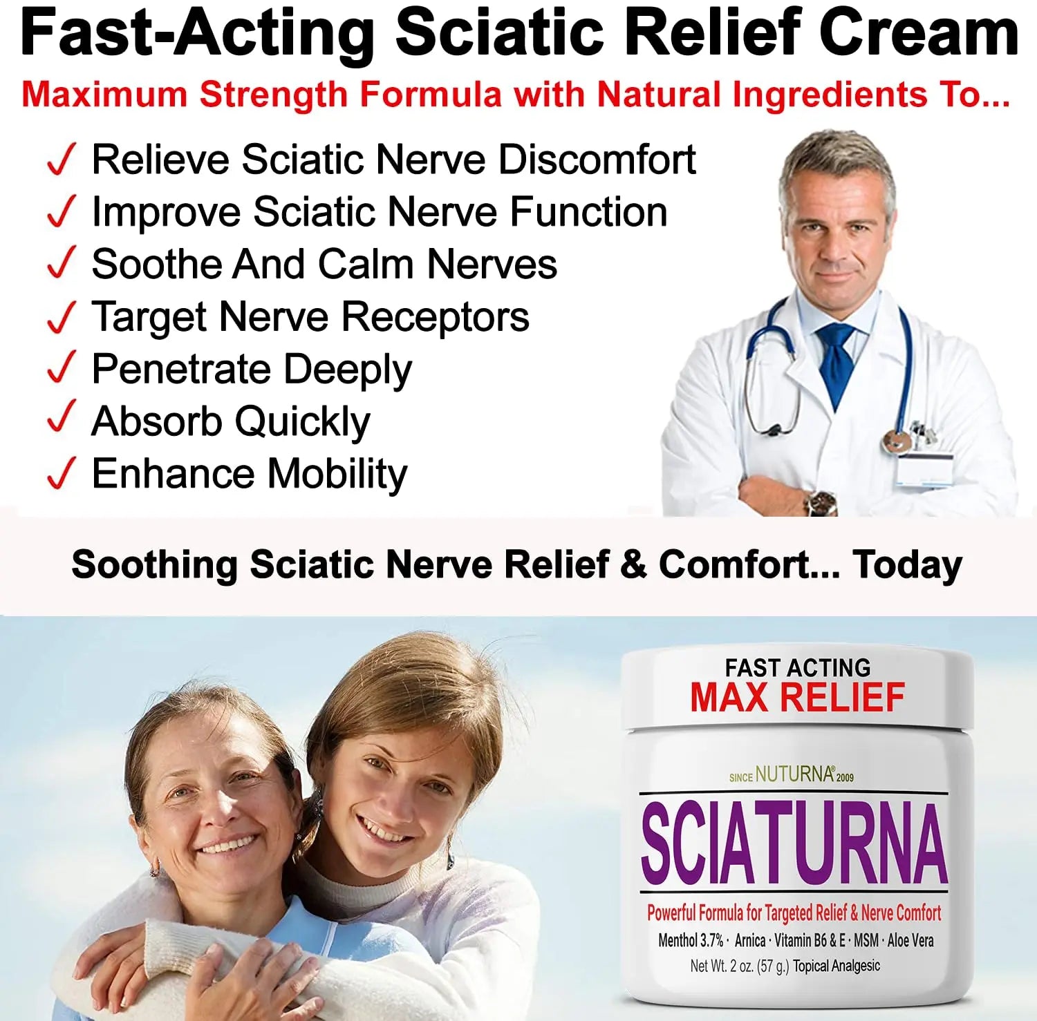 Sciatica Nerve Cream - Maximum Strength Comfort Cream for Feet, Hands, Legs, Toes, Back - Natural Ultra Strength Arnica, MSM, Menthol, Soothing Comfort, Large 4 Oz NuturnaAu supplements