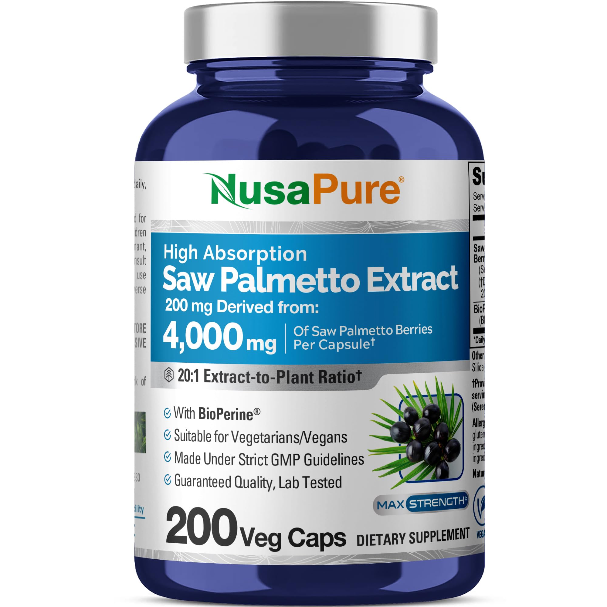 NusaPure Saw Palmetto 20:1 Extract, 200 mg Equivalent to 4,000 mg per Veggie Caps 200 Count Non-GMO, Vegan, Vegetarian, Bioperine NusaPureAu supplements