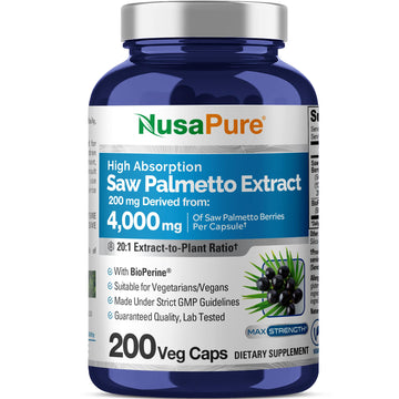 NusaPure Saw Palmetto 20:1 Extract, 200 mg Equivalent to 4,000 mg per Veggie Caps 200 Count Non-GMO, Vegan, Vegetarian, Bioperine NusaPureAu supplements